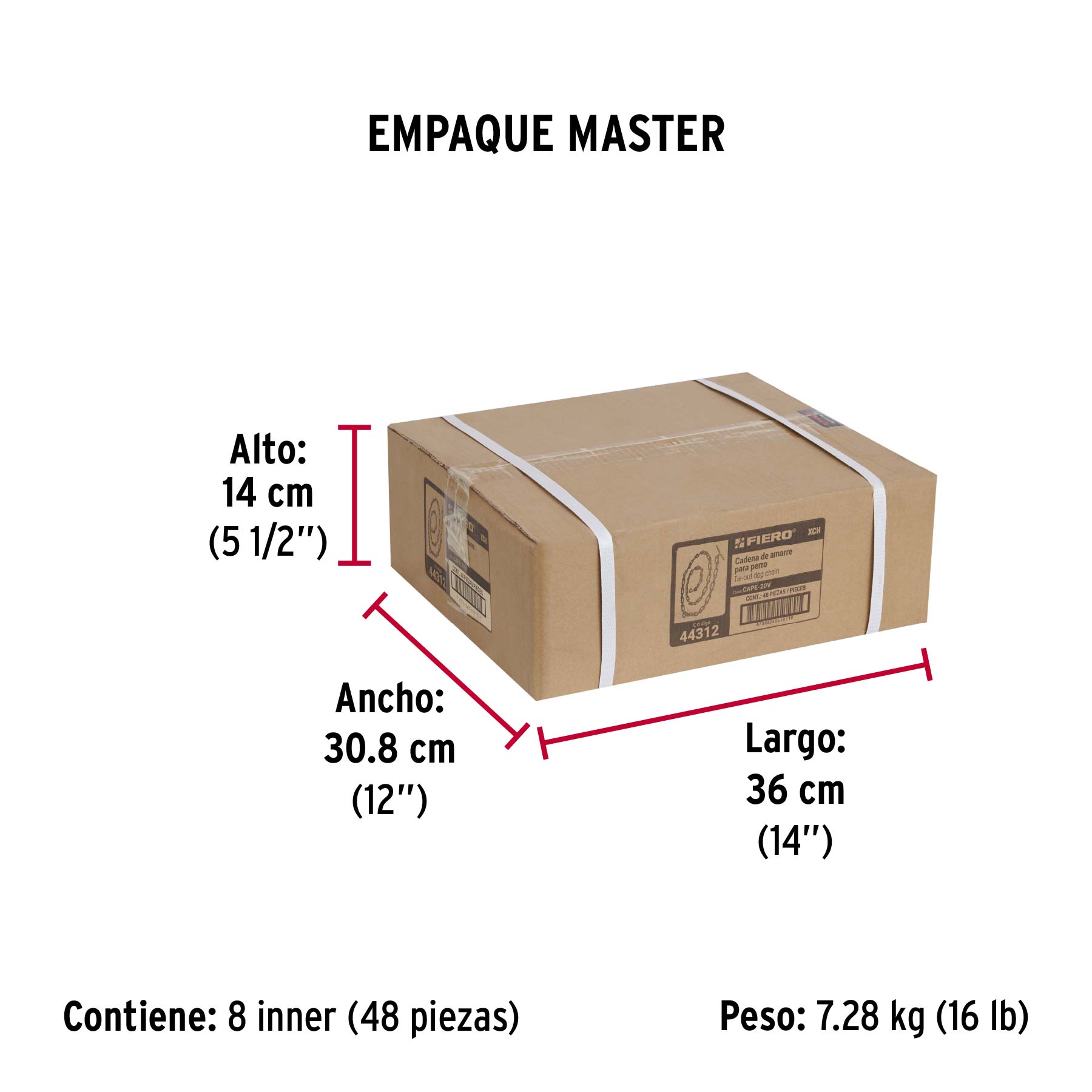 Cadena de 1.8 m de amarre para perro, 1.7 mm, FIERO - Empaque