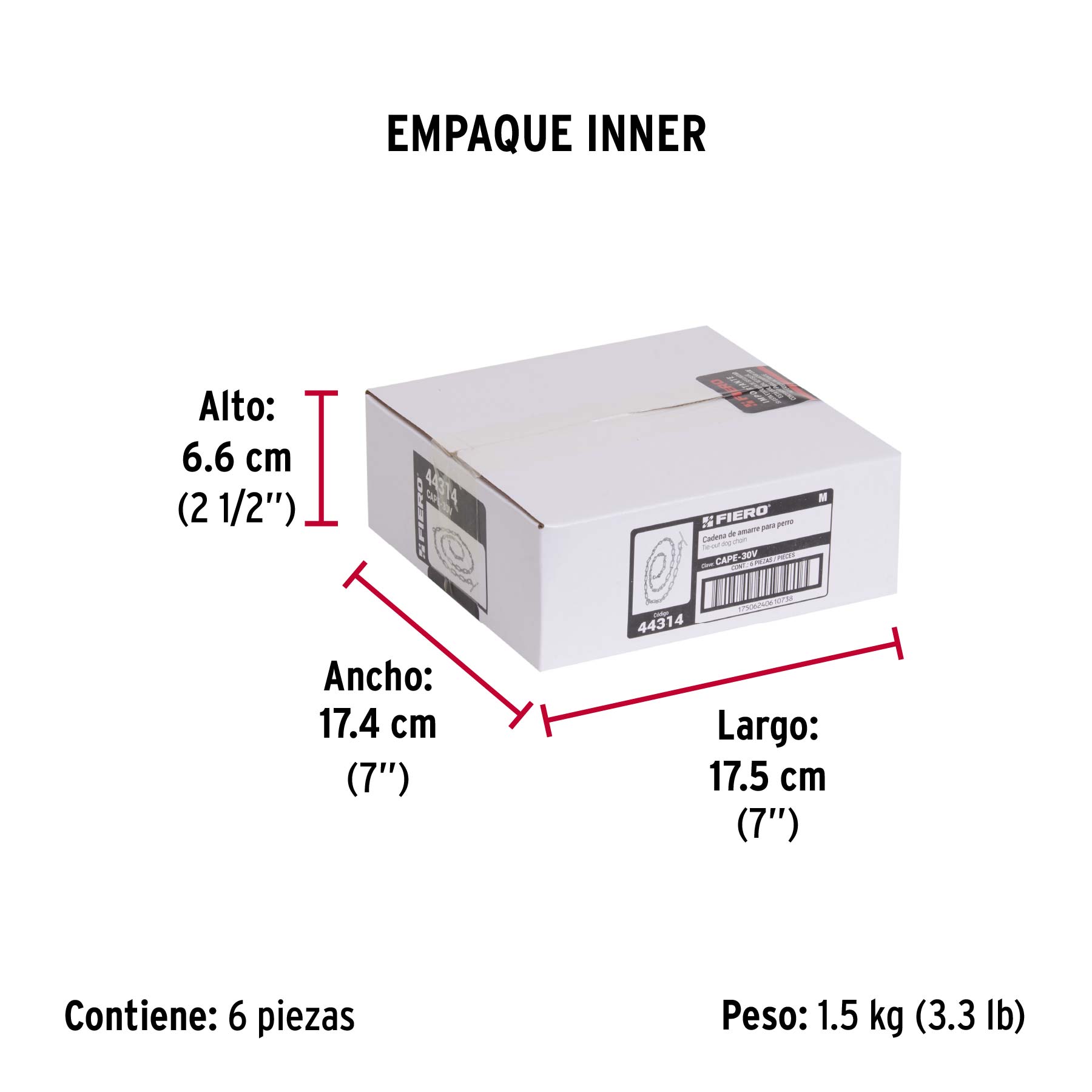 Cadena de 1.8 m de amarre para perro, 2.4 mm, FIERO - Empaque