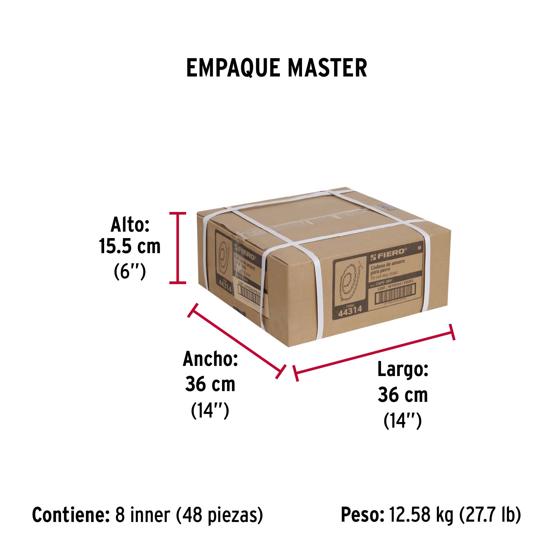 Cadena de 1.8 m de amarre para perro, 2.4 mm, FIERO - Empaque
