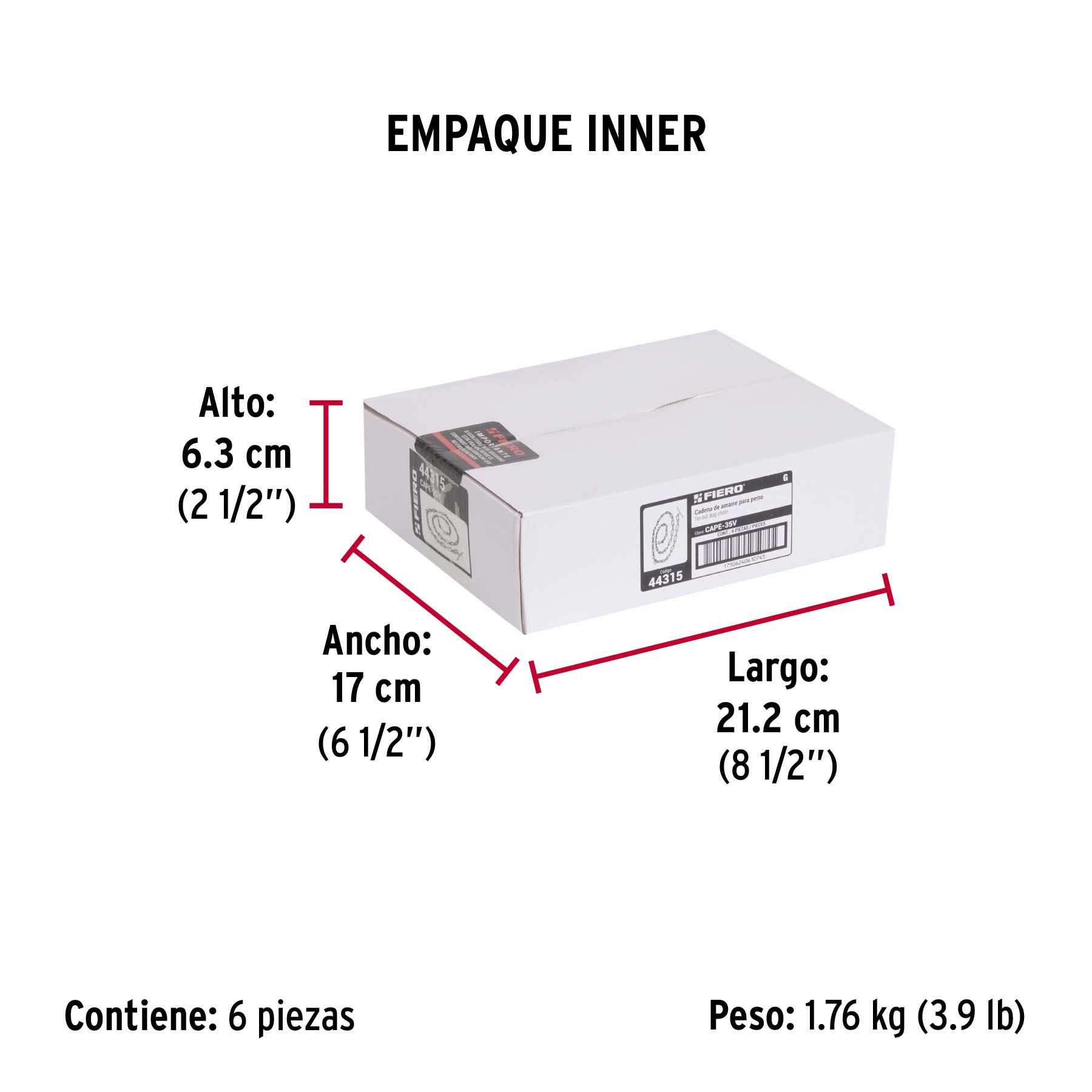 Cadena de 1.8 m de amarre para perro, 2.7 mm, FIERO - Empaque