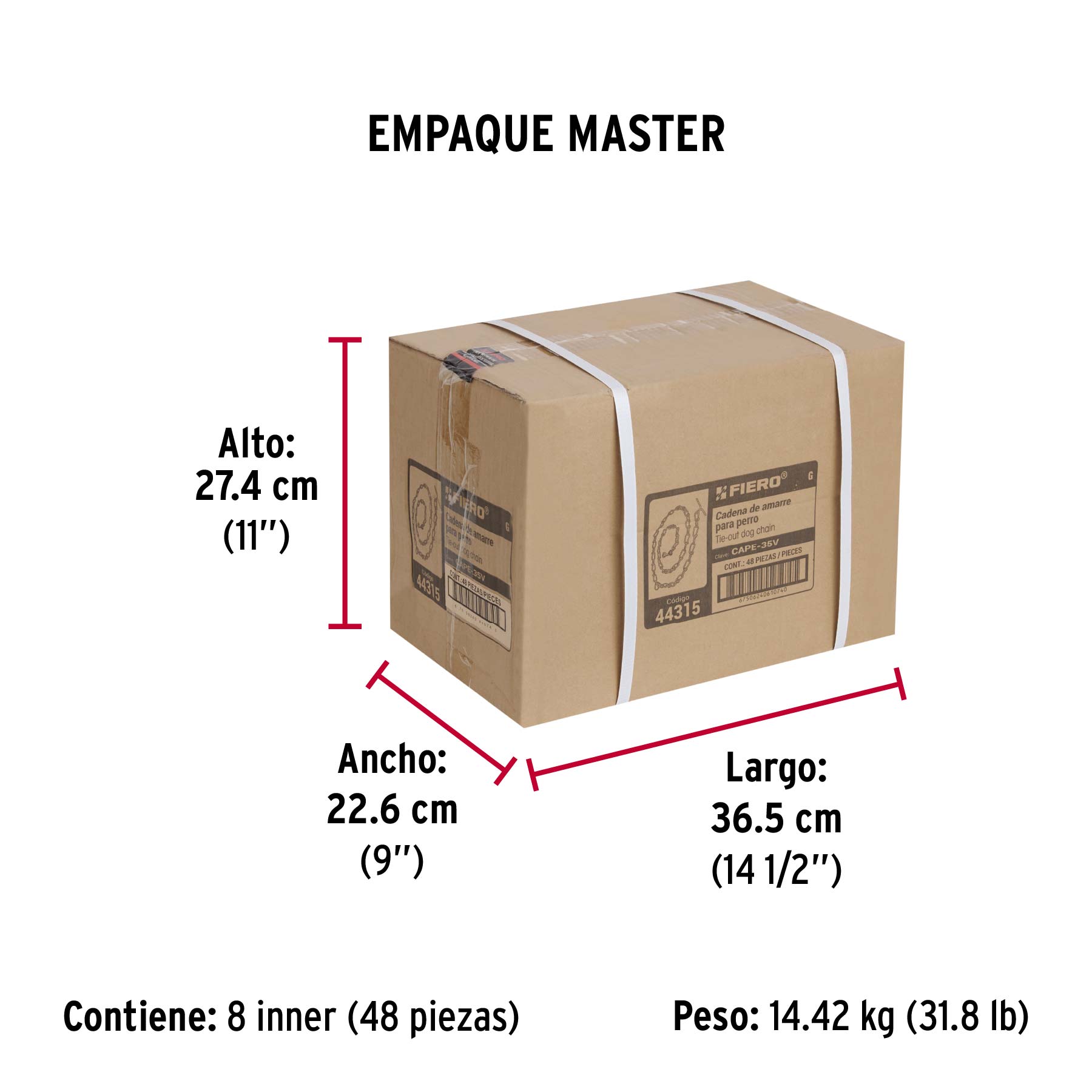 Cadena de 1.8 m de amarre para perro, 2.7 mm, FIERO - Empaque