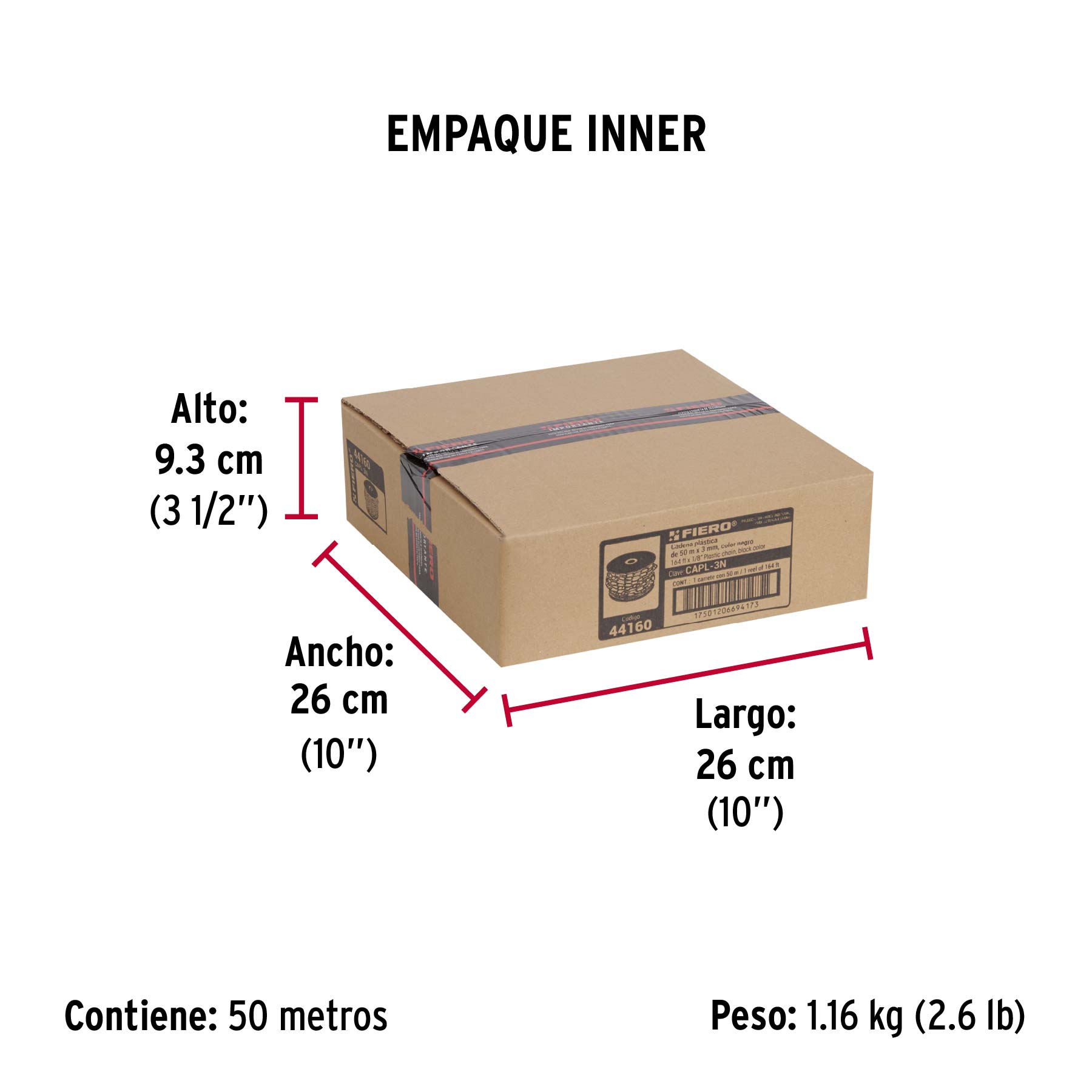 Metro de cadena de 3 mm de plástico negra, carrete de 50 m - Empaque