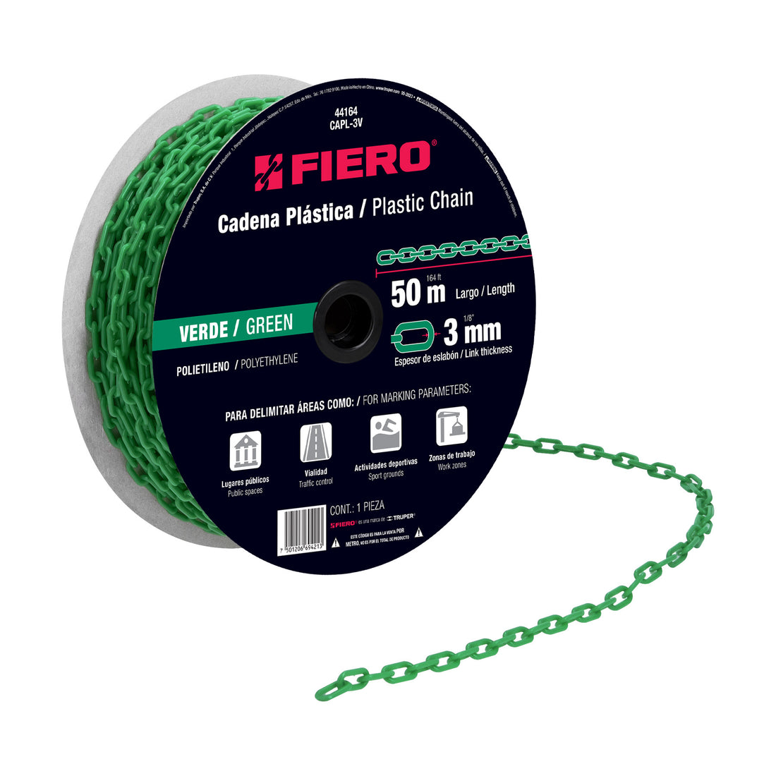 Metro de cadena de 3 mm de plástico verde, carrete de 50 m