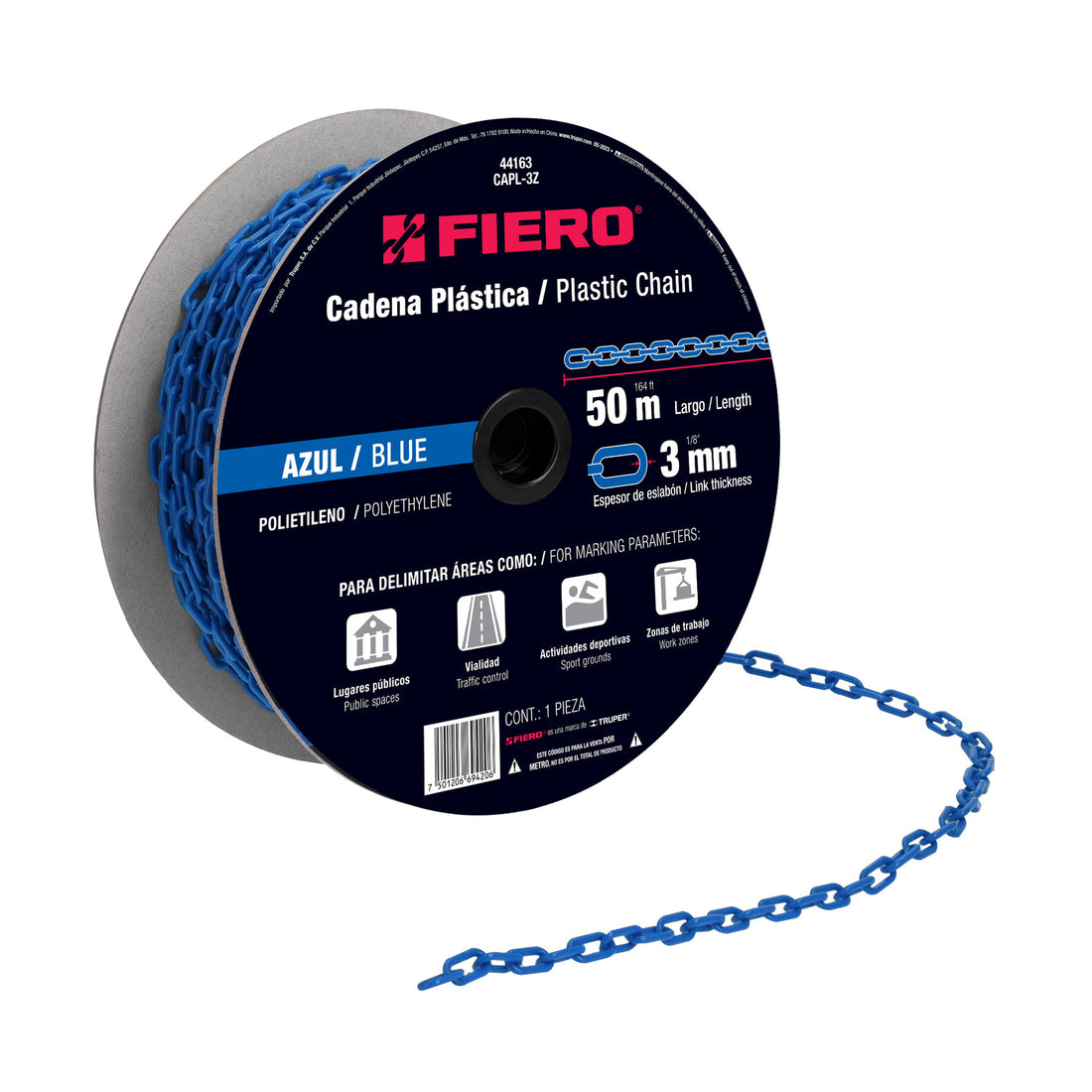 Metro de cadena de 3 mm de plástico azul, carrete de 50 m