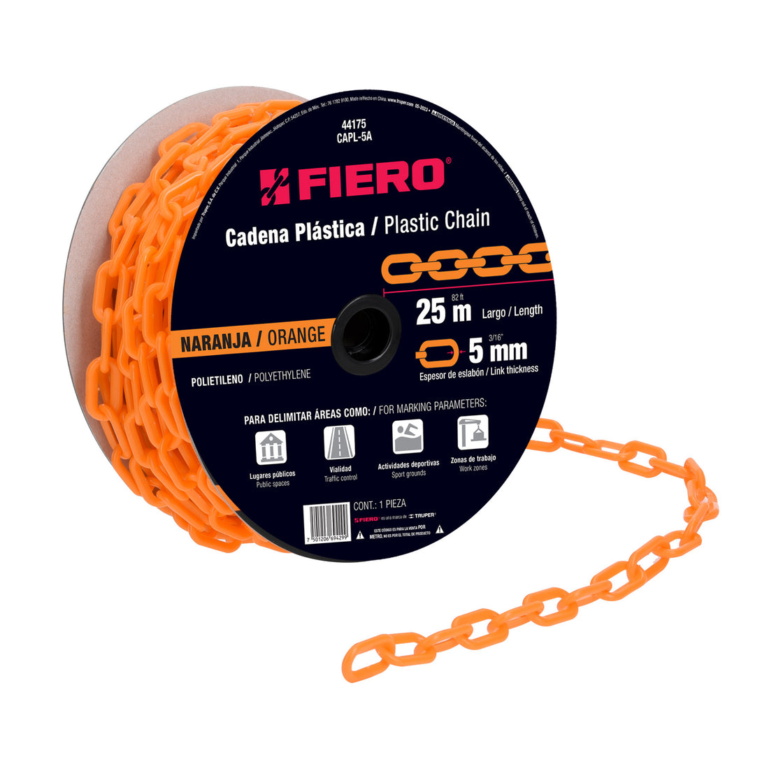 Metro de cadena de 5 mm de plástico naranja, carrete de 25 m