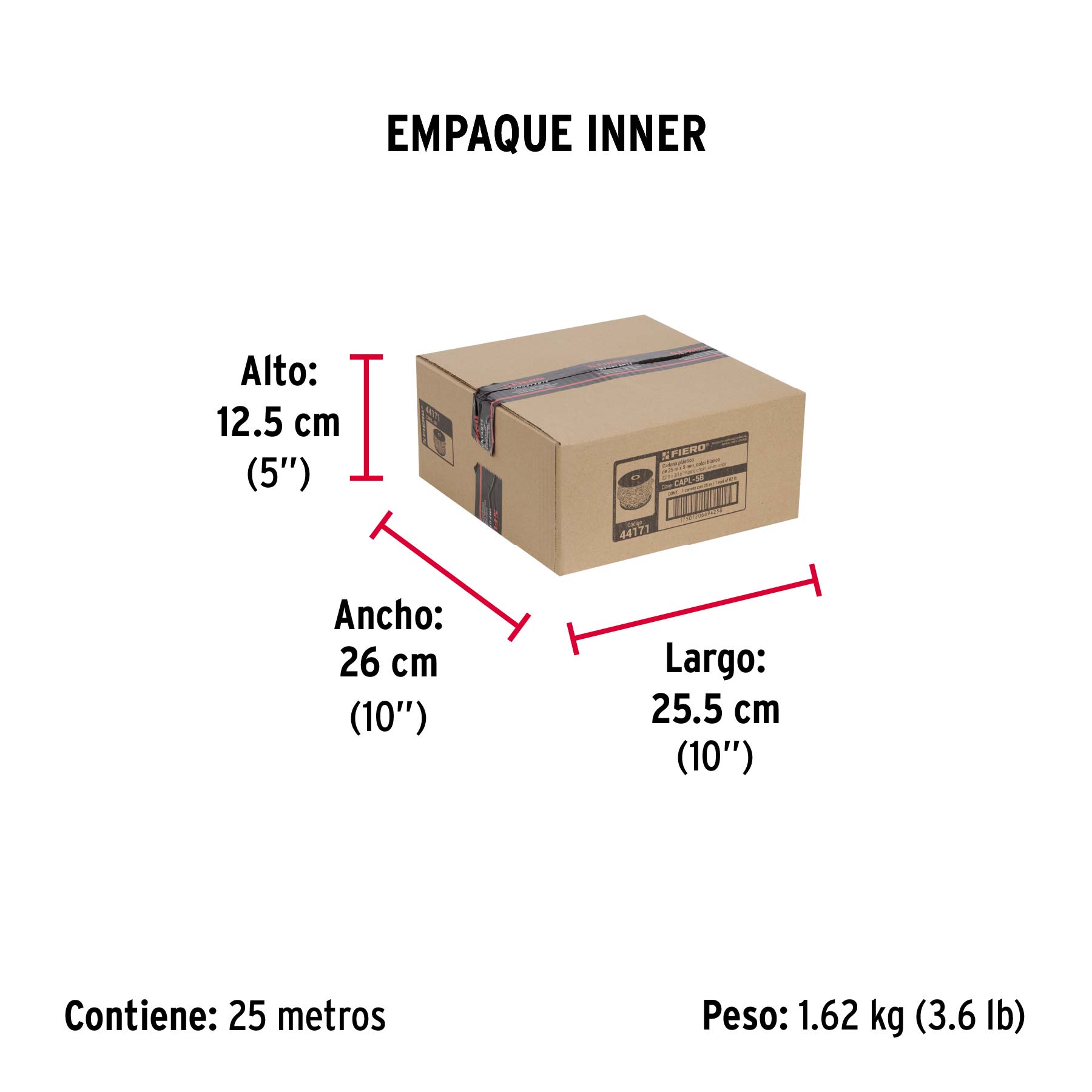 Metro de cadena de 5 mm de plástico blanca, carrete de 25 m - Empaque