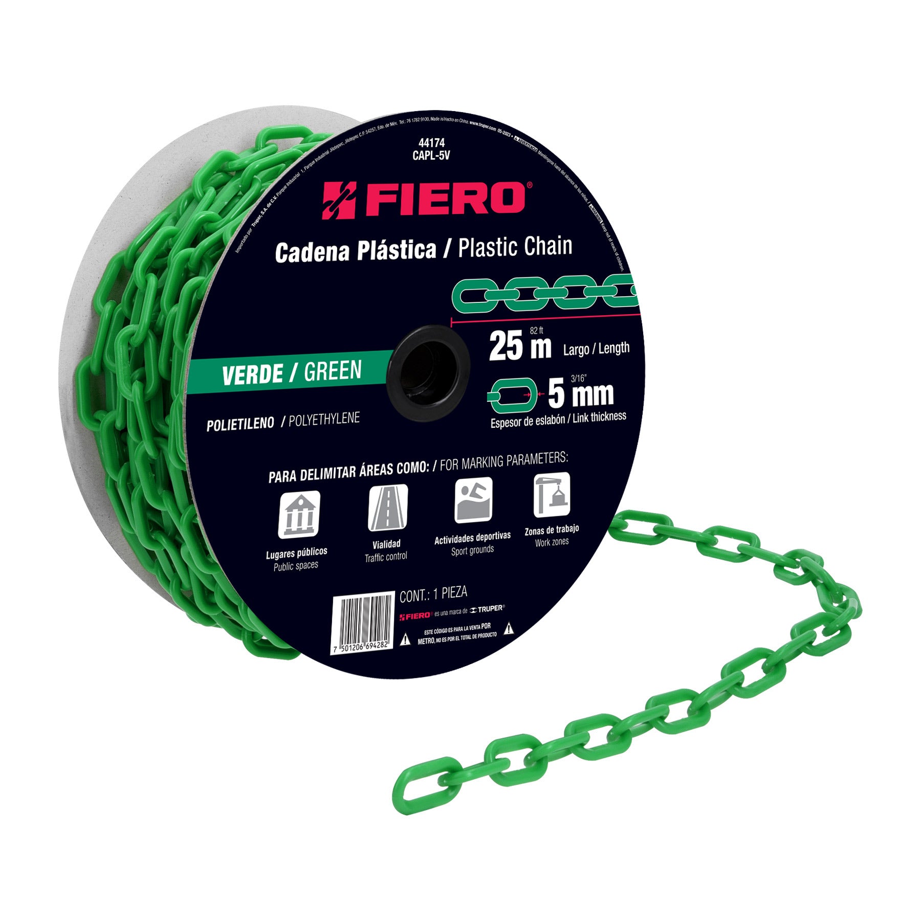 Metro de cadena de 5 mm de plástico verde, carrete de 25 m