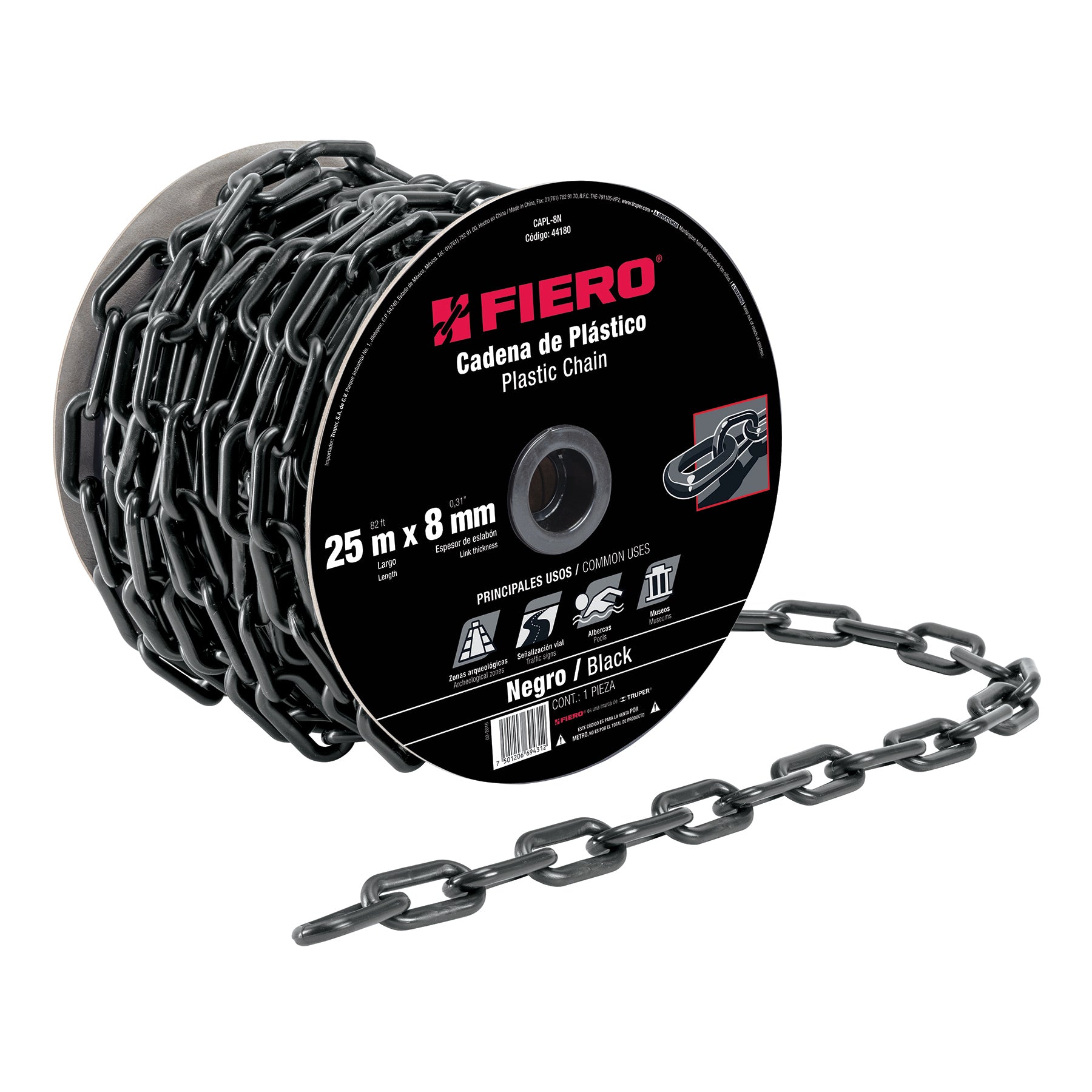 Metro de cadena de 8 mm de plástico negra, carrete de 25 m