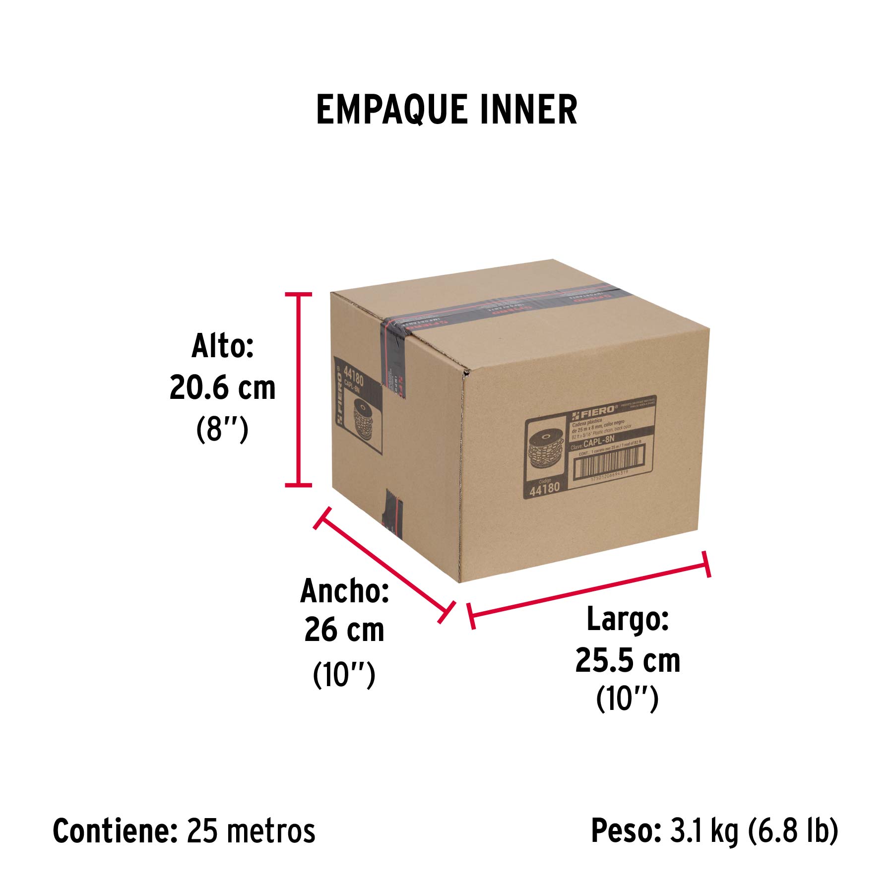 Metro de cadena de 8 mm de plástico negra, carrete de 25 m - Empaque