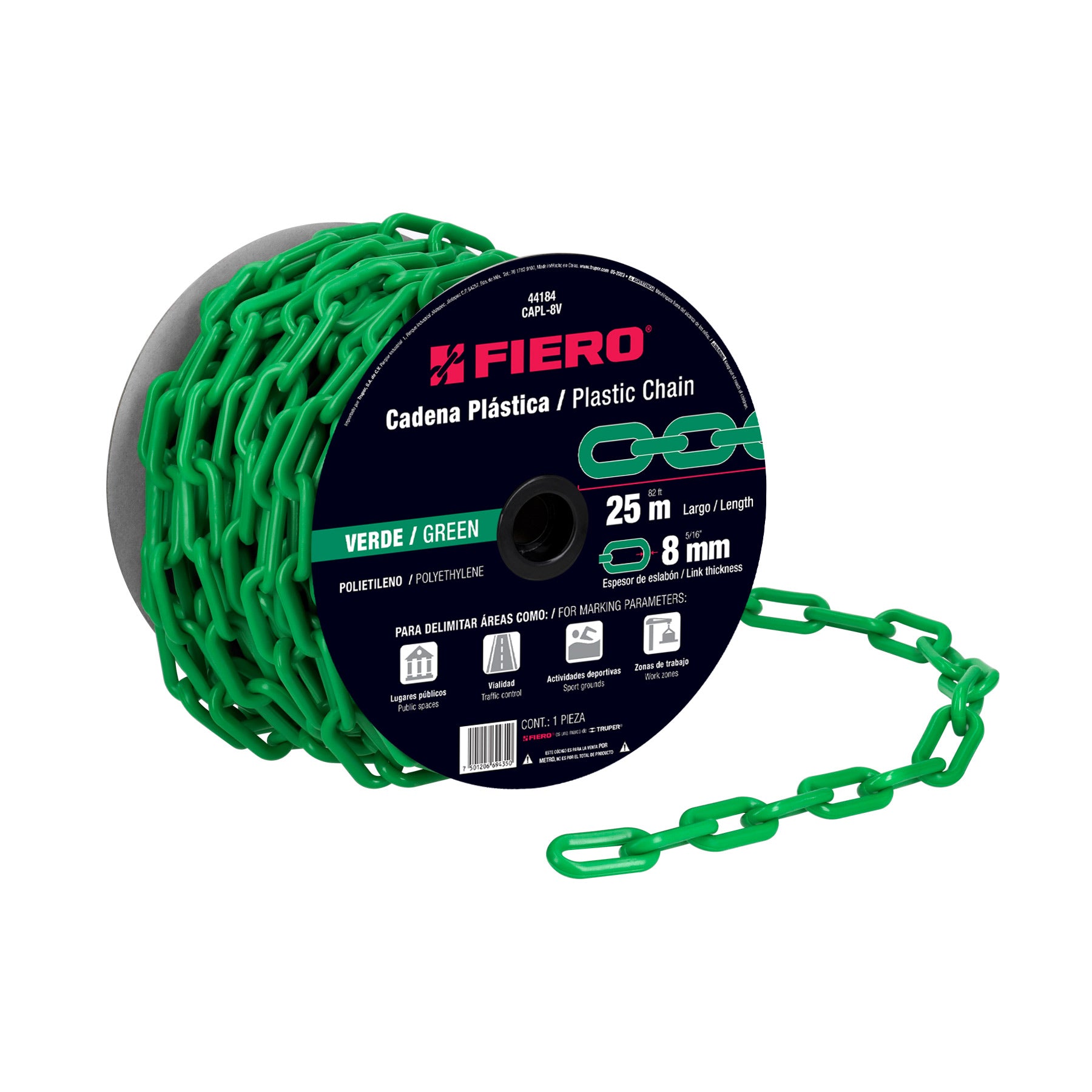 Metro de cadena de 8 mm de plástico verde, carrete de 25 m
