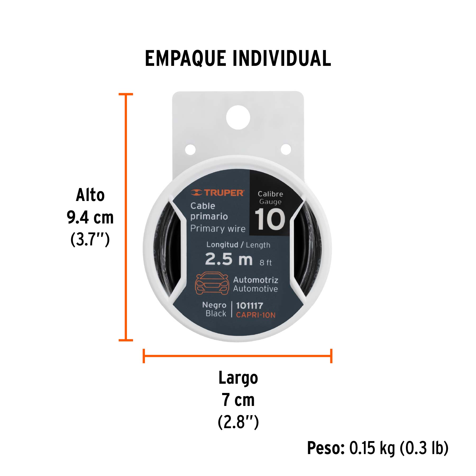 Carrete con 2.5 m de cable primario negro calibre 10, TRUPER - Empaque