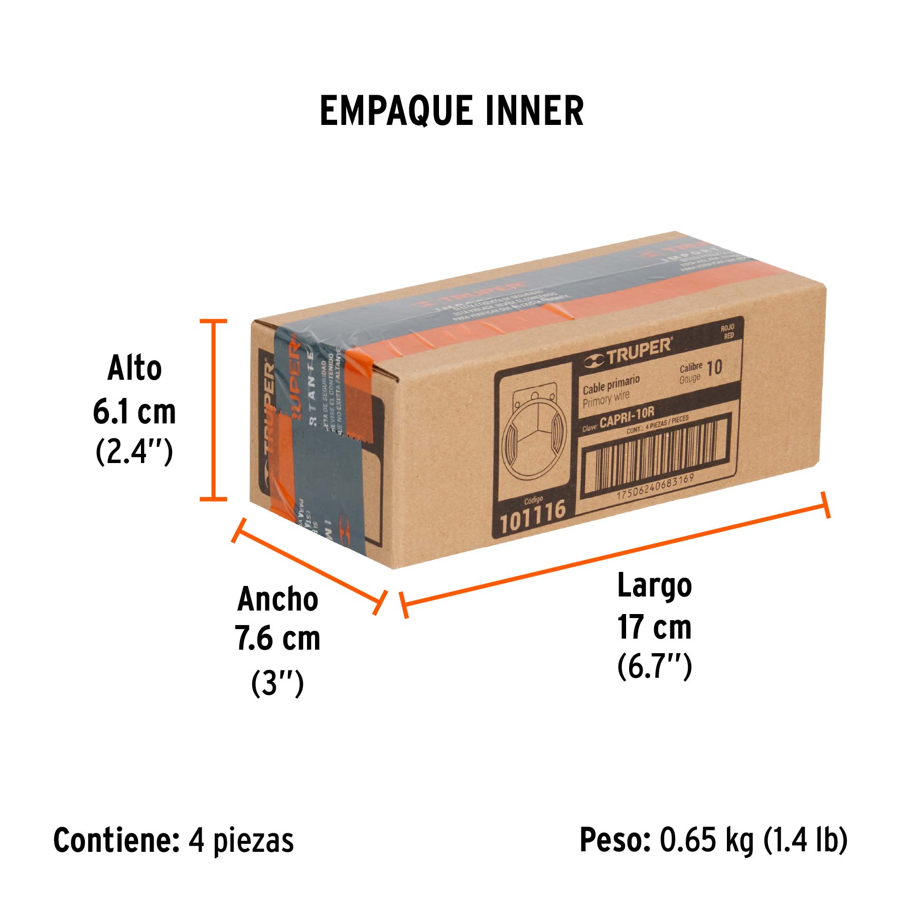 Carrete con 2.5 m de cable primario rojo calibre 10, TRUPER - Empaque