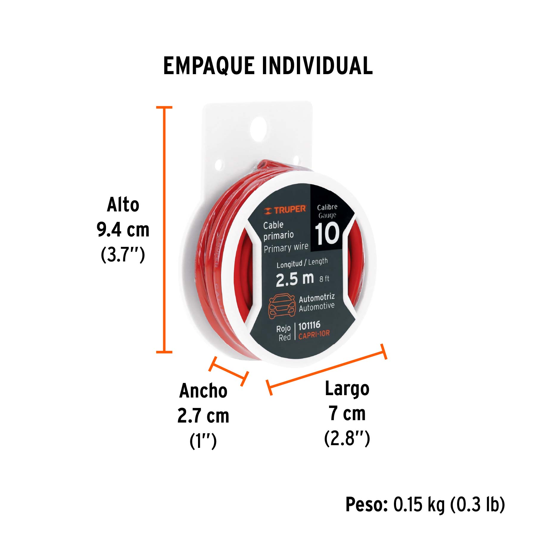 Carrete con 2.5 m de cable primario rojo calibre 10, TRUPER - Empaque