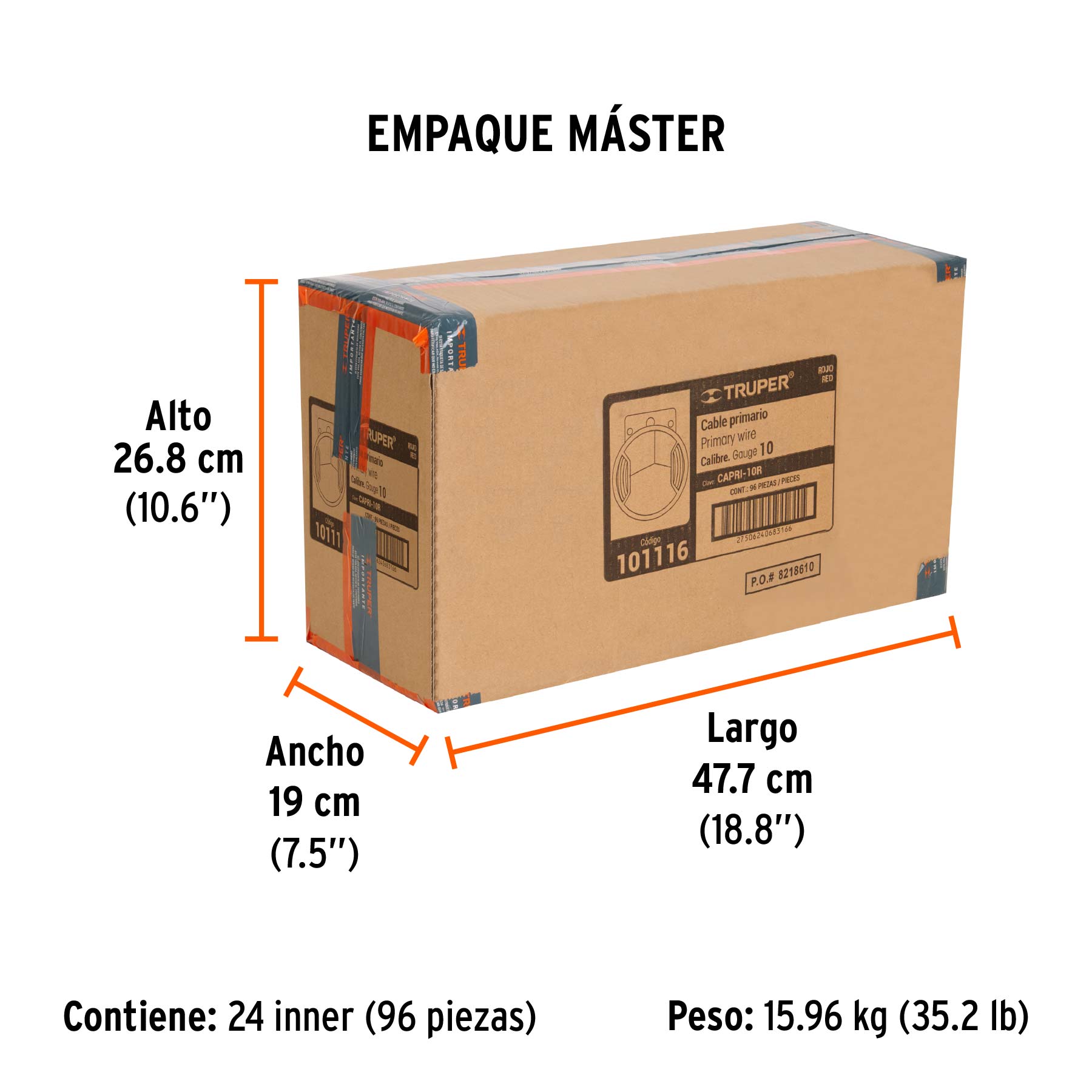 Carrete con 2.5 m de cable primario rojo calibre 10, TRUPER - Empaque
