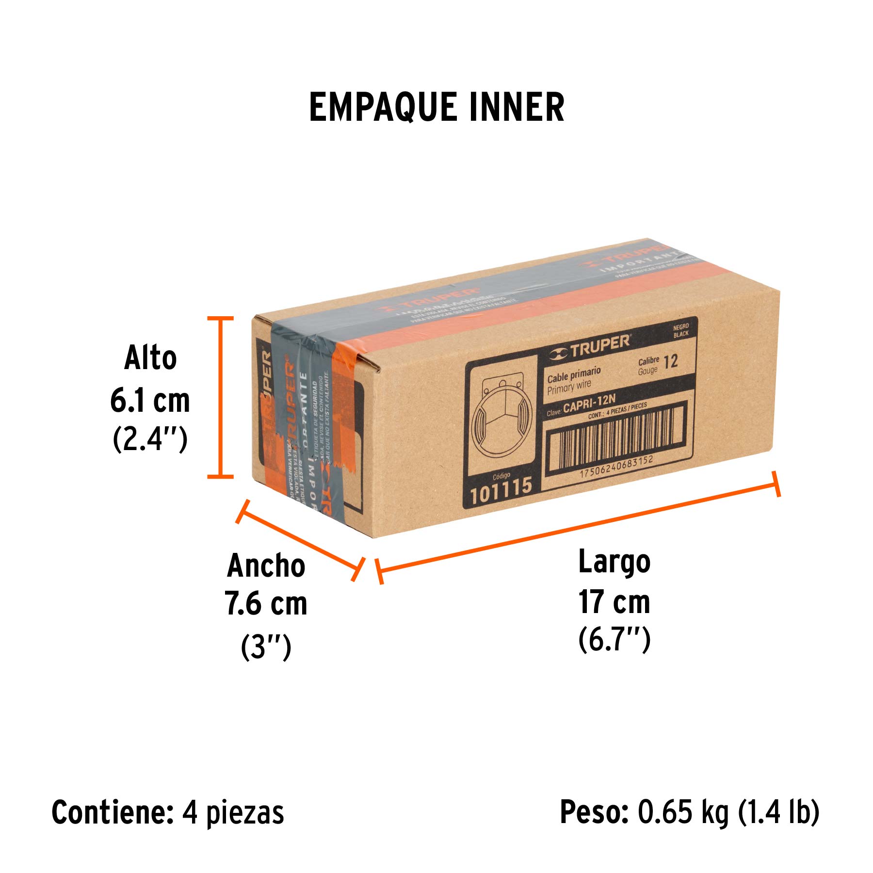 Carrete con 3.5 m de cable primario negro calibre 12, TRUPER - Empaque