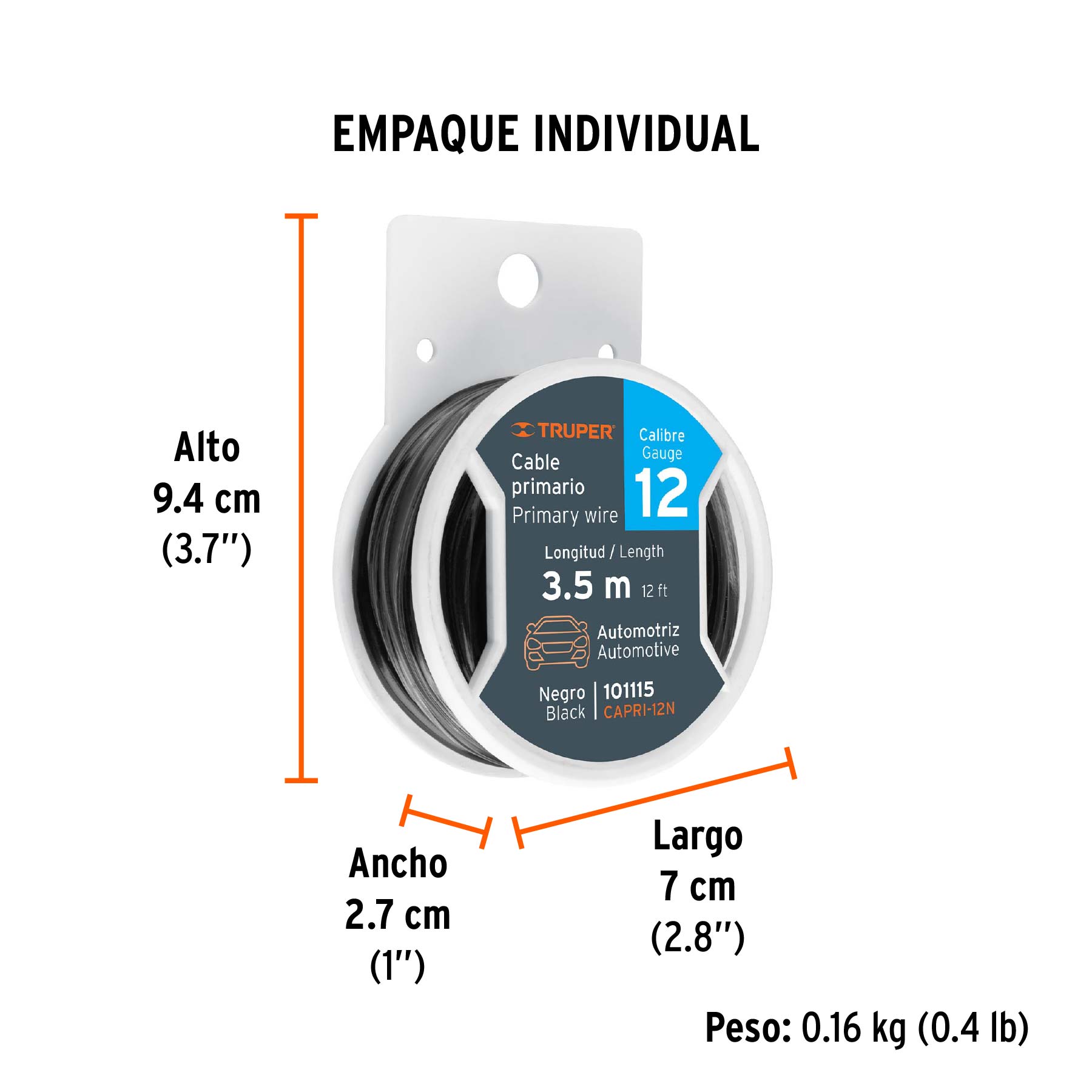 Carrete con 3.5 m de cable primario negro calibre 12, TRUPER - Empaque
