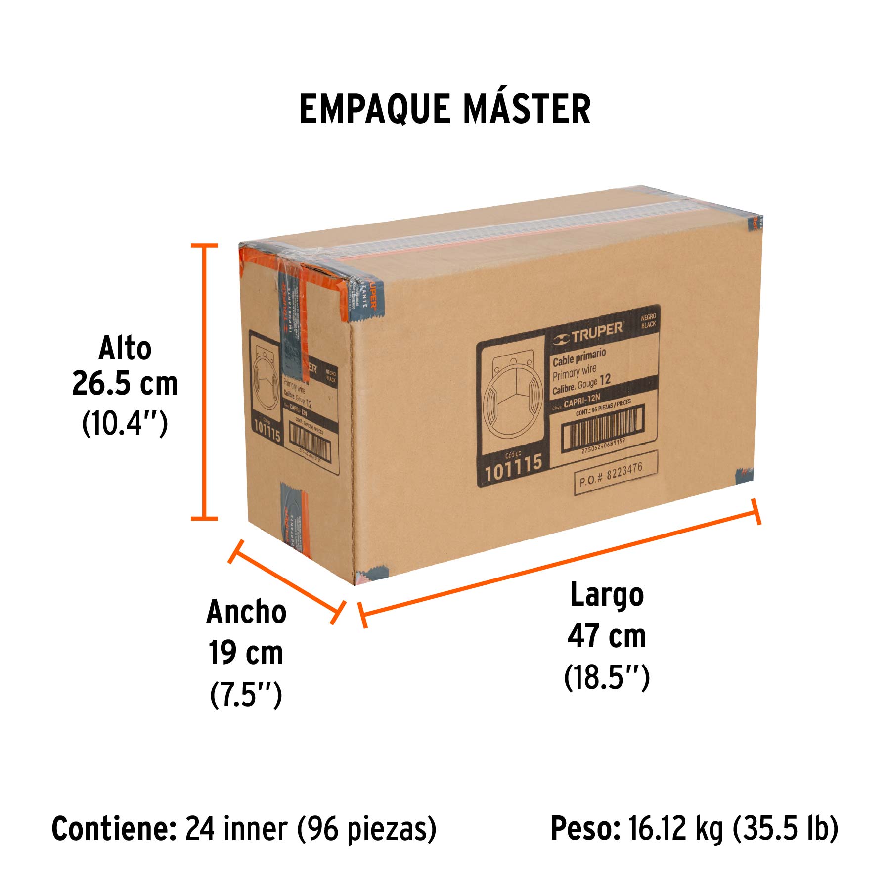 Carrete con 3.5 m de cable primario negro calibre 12, TRUPER - Empaque