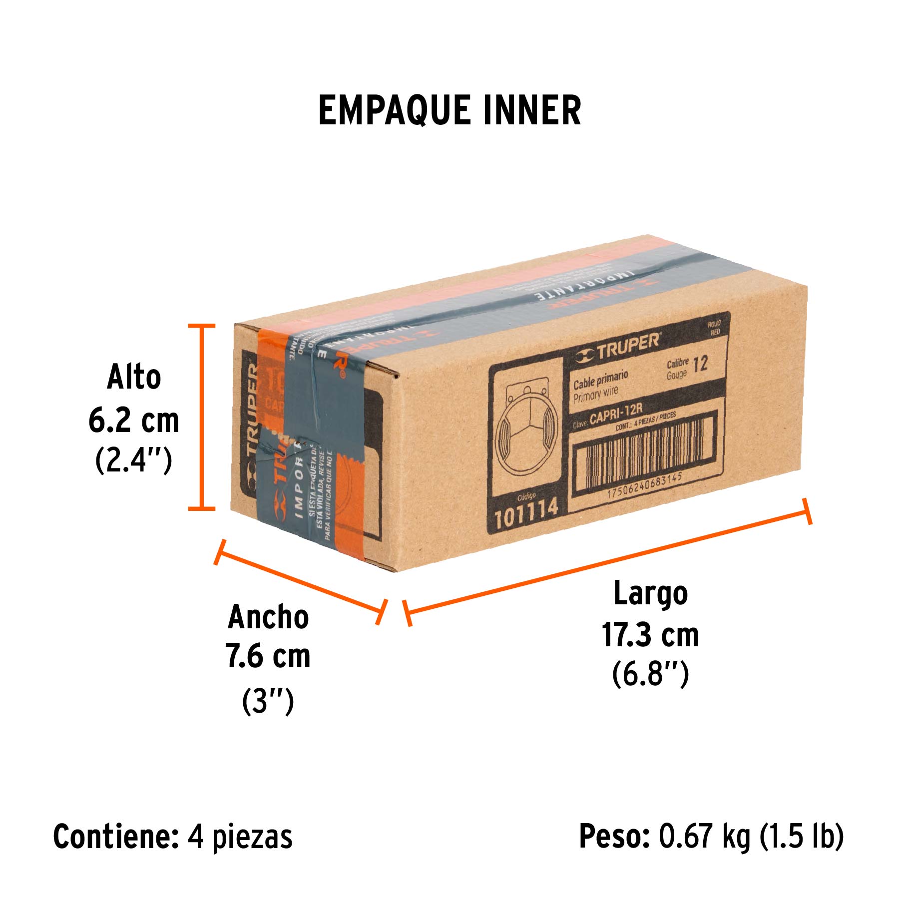 Carrete con 3.5 m de cable primario rojo calibre 12, TRUPER - Empaque