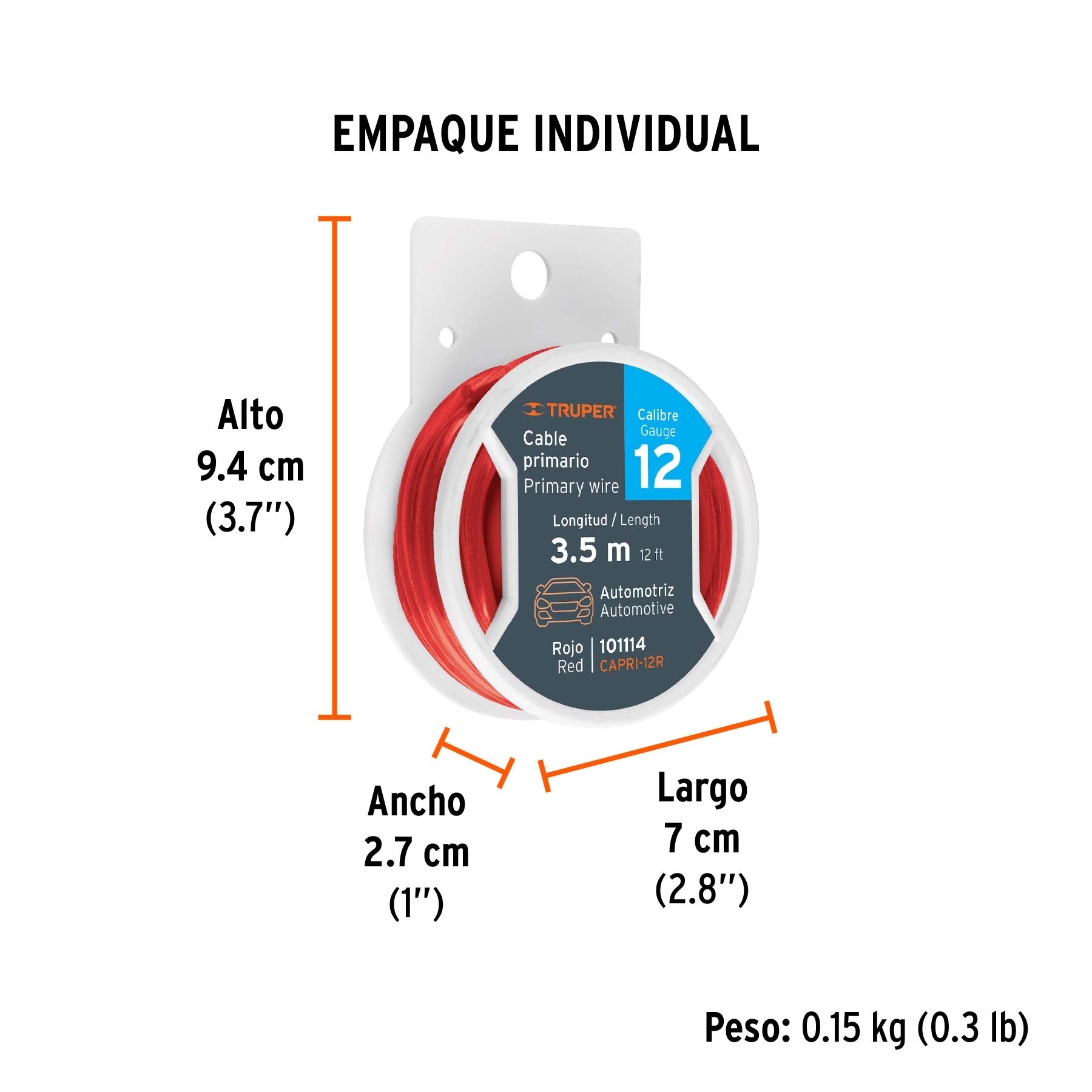 Carrete con 3.5 m de cable primario rojo calibre 12, TRUPER - Empaque