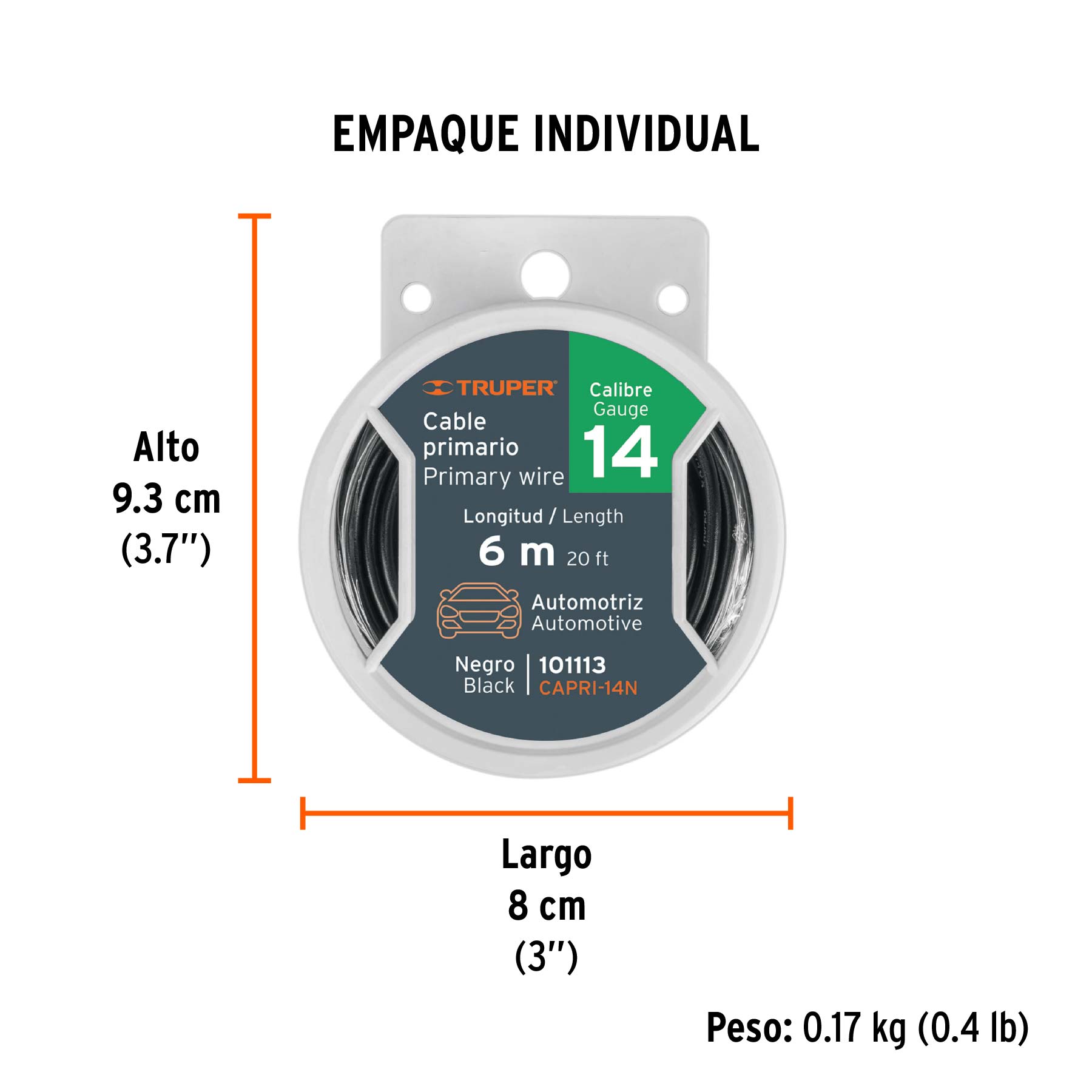 Carrete con 6 m de cable primario negro calibre 14, TRUPER - Empaque