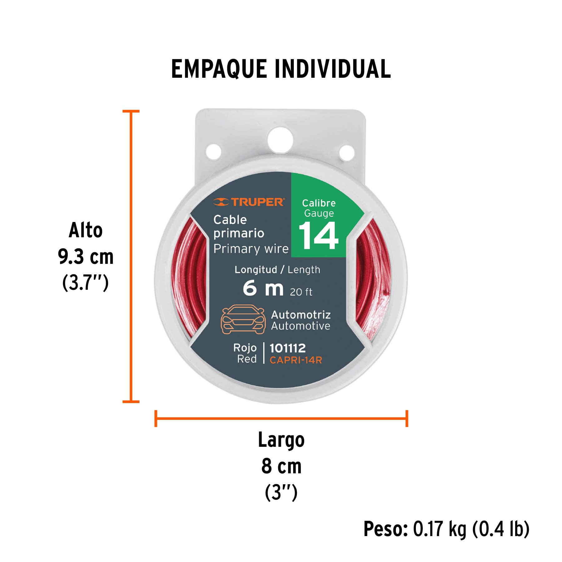 Carrete con 6 m de cable primario rojo calibre 14, TRUPER - Empaque