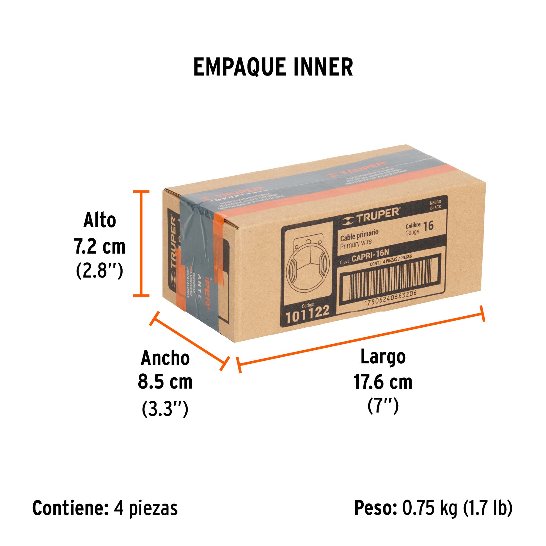 Carrete con 9 m de cable primario negro calibre 16, TRUPER - Empaque