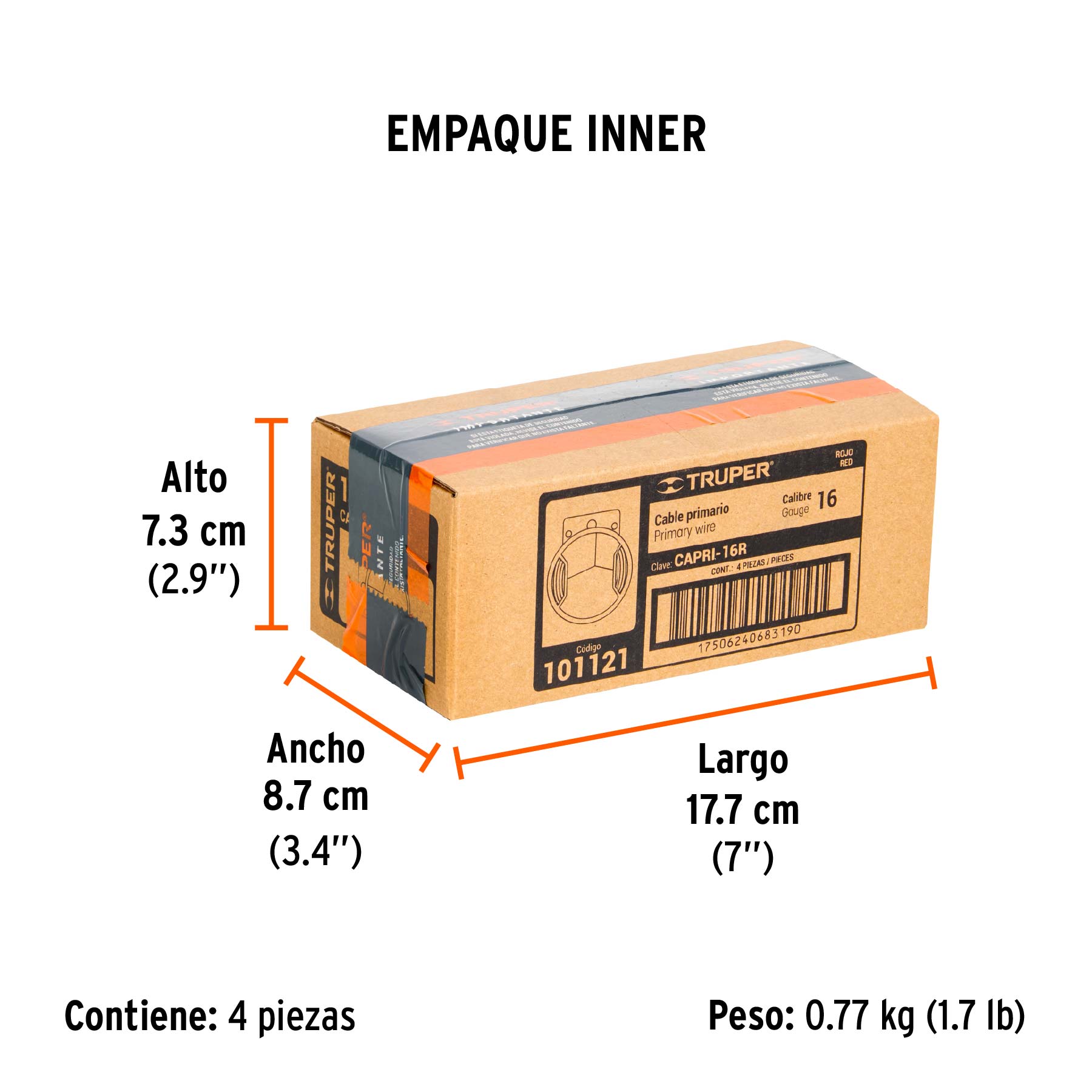 Carrete con 9 m de cable primario rojo calibre 16, TRUPER - Empaque