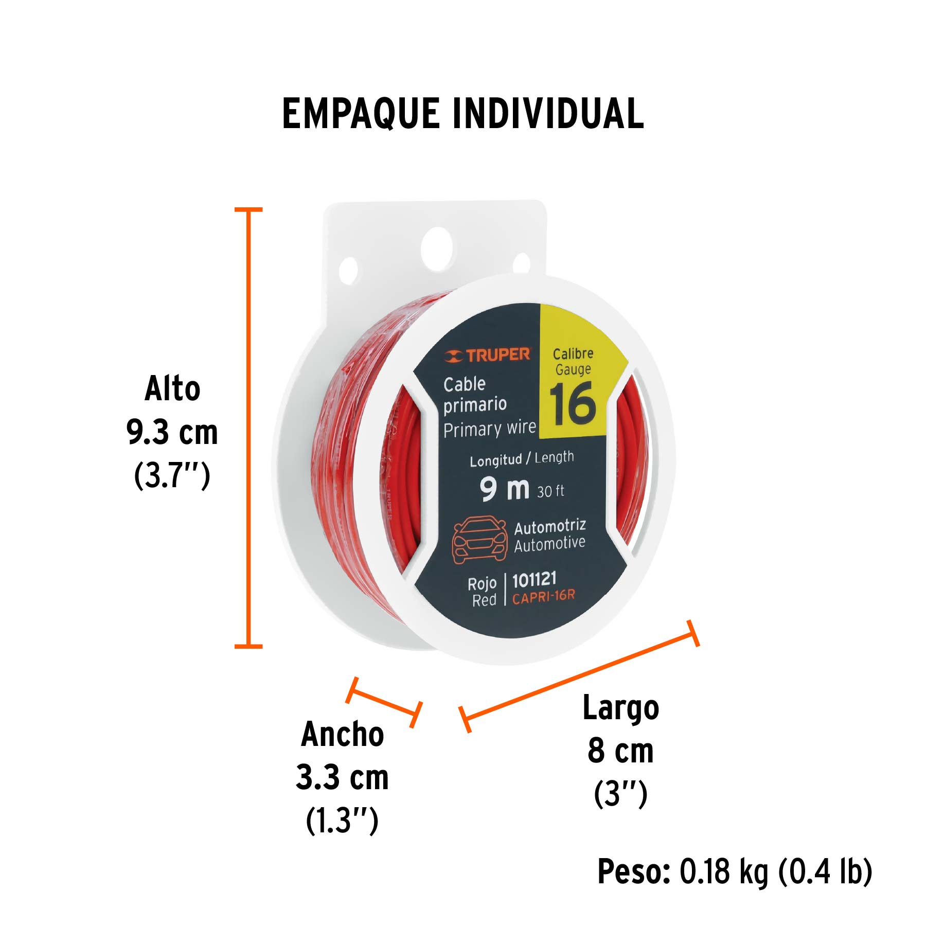 Carrete con 9 m de cable primario rojo calibre 16, TRUPER - Empaque