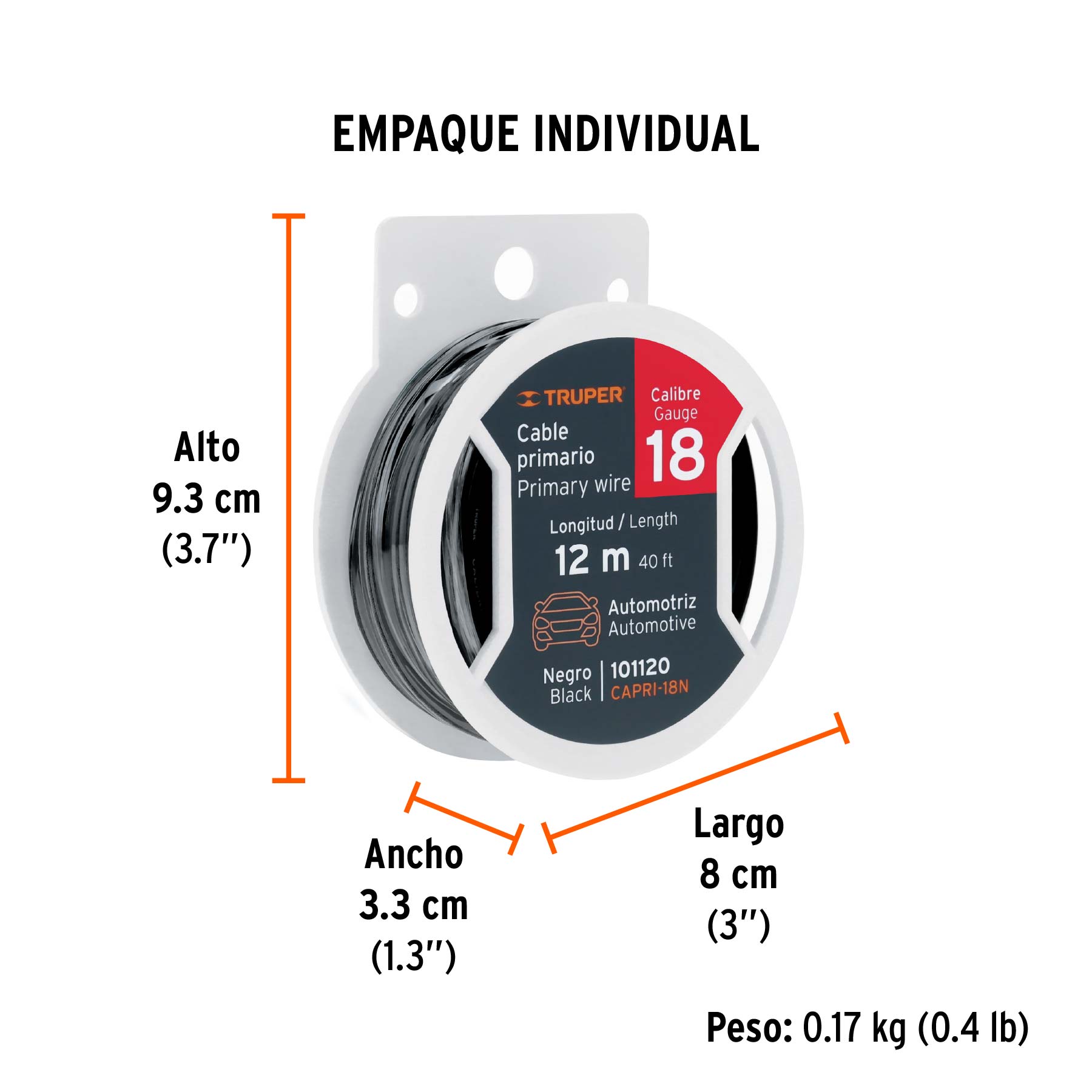 Carrete con 12 m de cable primario negro calibre 18, TRUPER - Empaque