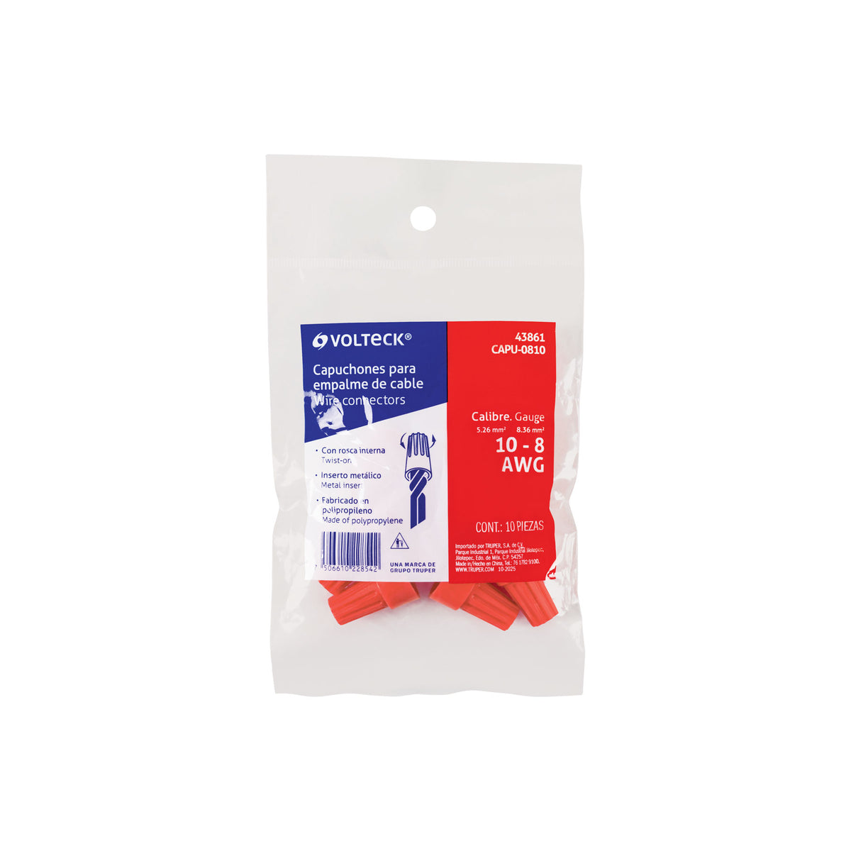 Bolsa con 10 capuchones p/cable calibre 10 a 8 AWG, VOLTECK