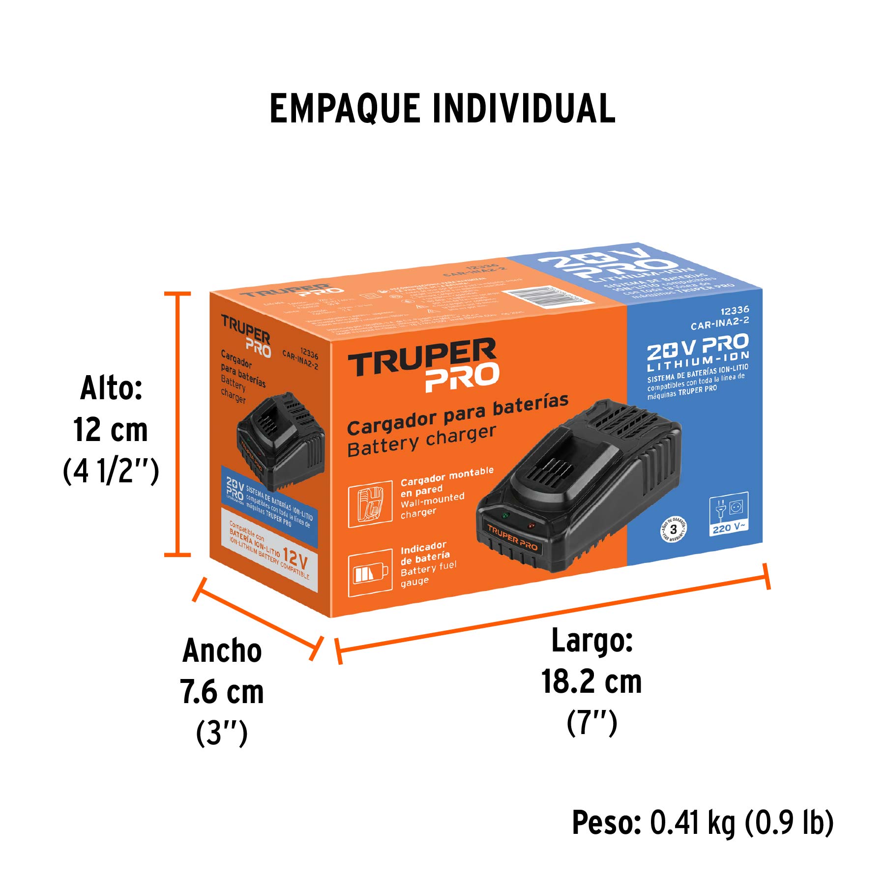 Cargador de baterías de 12 a 20V, enchufe tipo C, TRUPER PRO - Empaque
