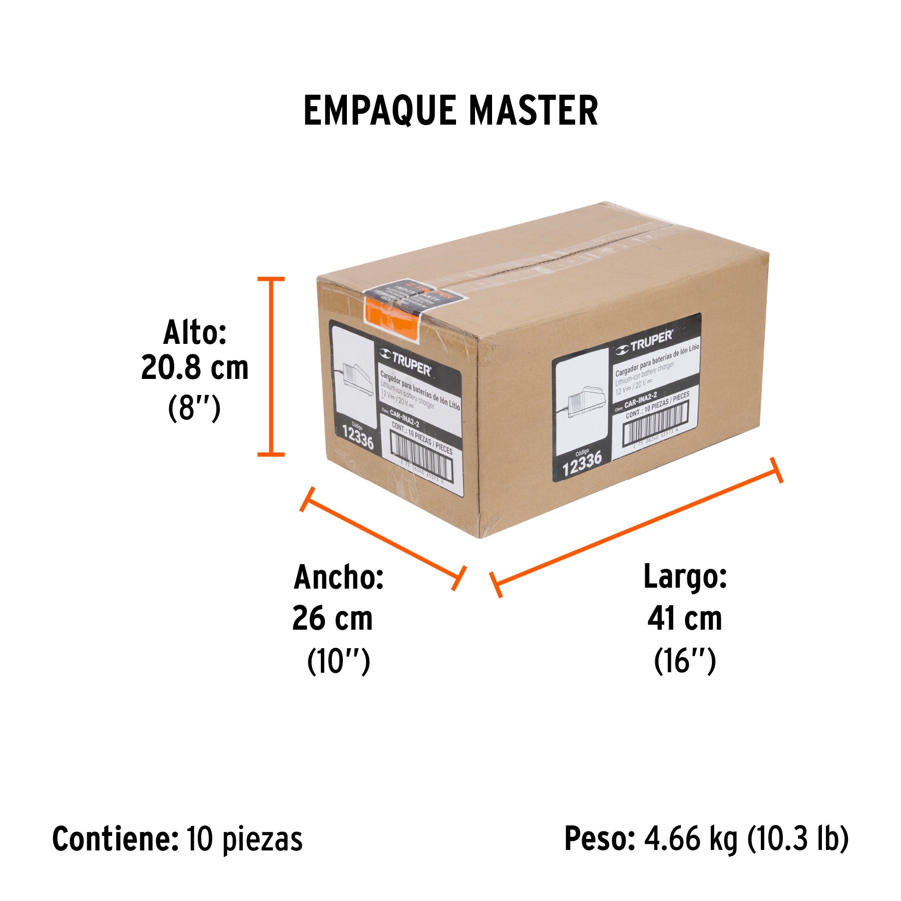 Cargador de baterías de 12 a 20V, enchufe tipo C, TRUPER PRO - Empaque