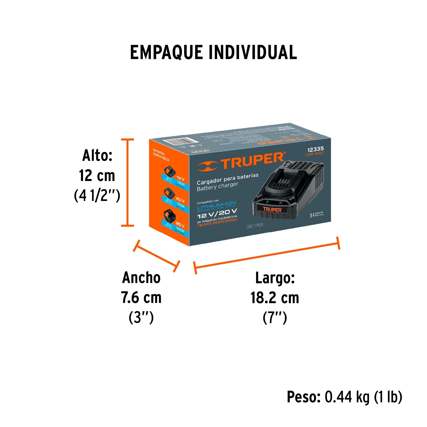 Cargador de baterías de ion litio de 12 y 20 V, TRUPER PRO - Empaque