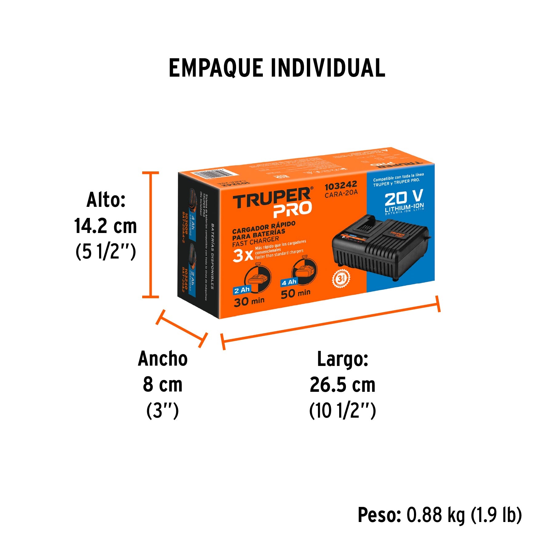 Cargador rápido de baterías de ion litio 20V, TRUPER PRO - Empaque