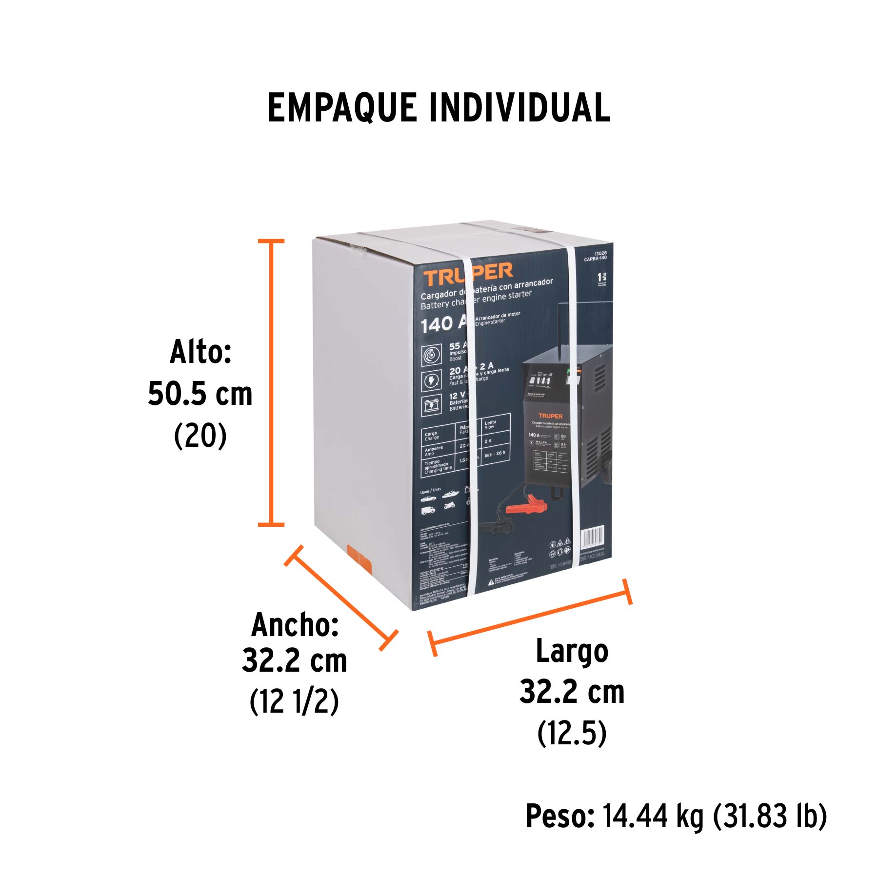 Cargador de baterías 55 A, arrancador de 140A, 12V, TRUPER - Empaque