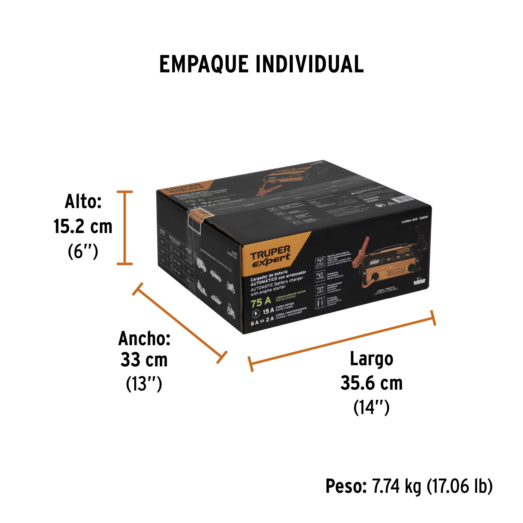 Cargador de baterías 15 A, arrancador de 75A, 6V/12V, TRUPER - Empaque