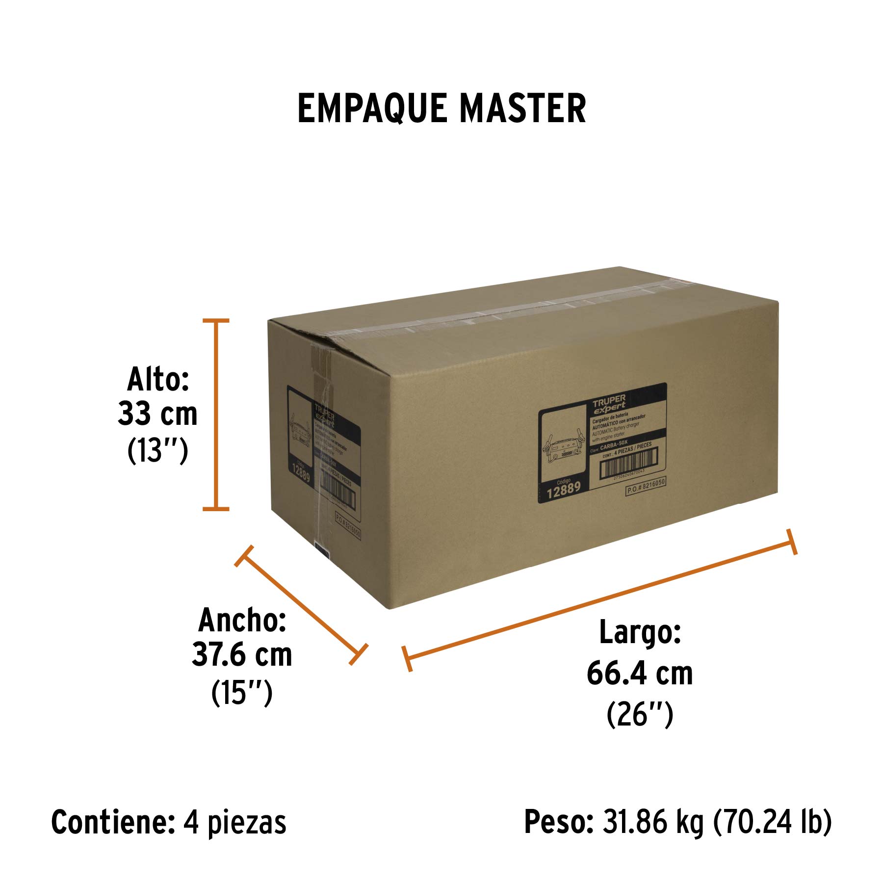 Cargador de baterías 15 A, arrancador de 75A, 6V/12V, TRUPER - Empaque