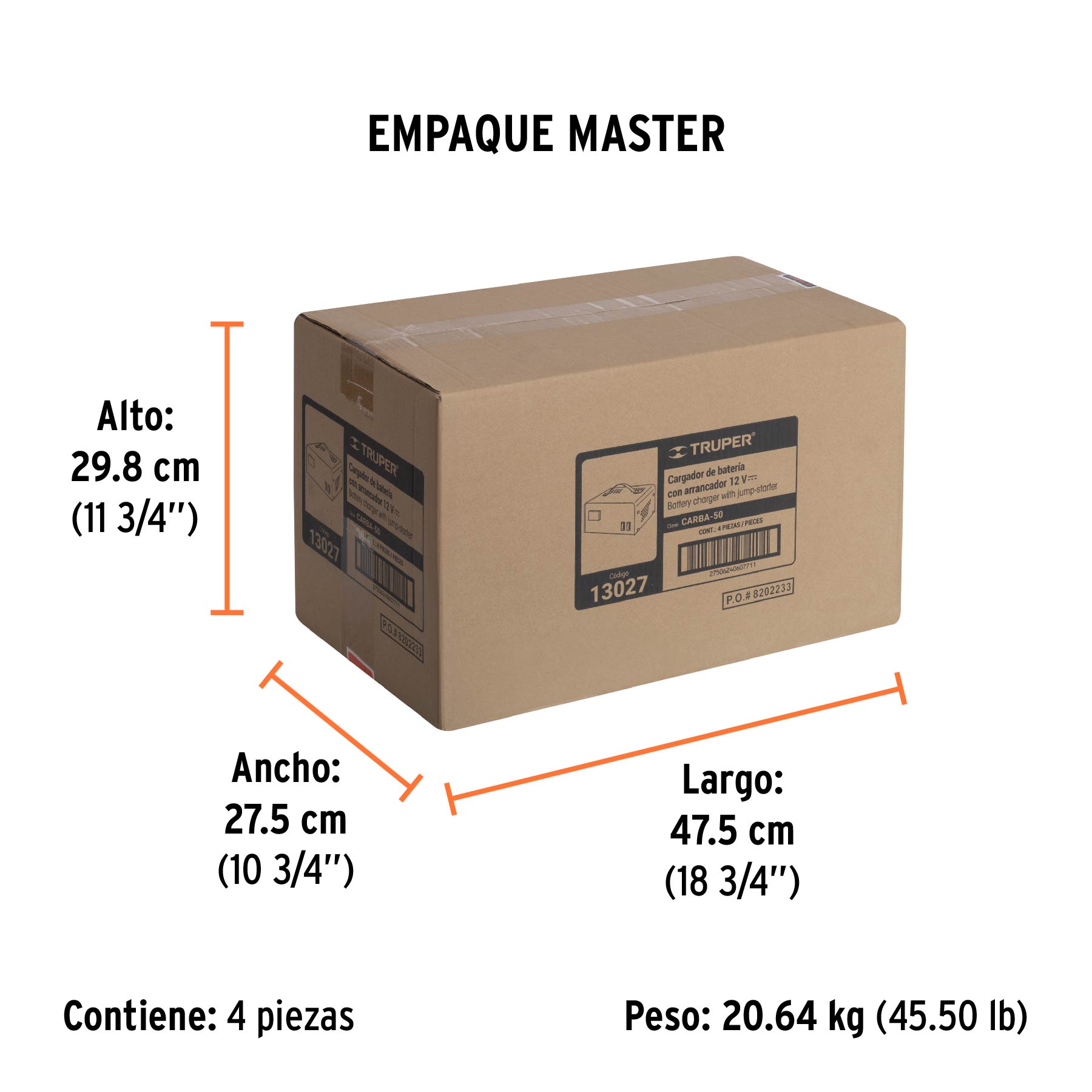 Cargador de baterías 10 A, arrancador de 50A, 12V, TRUPER - Empaque