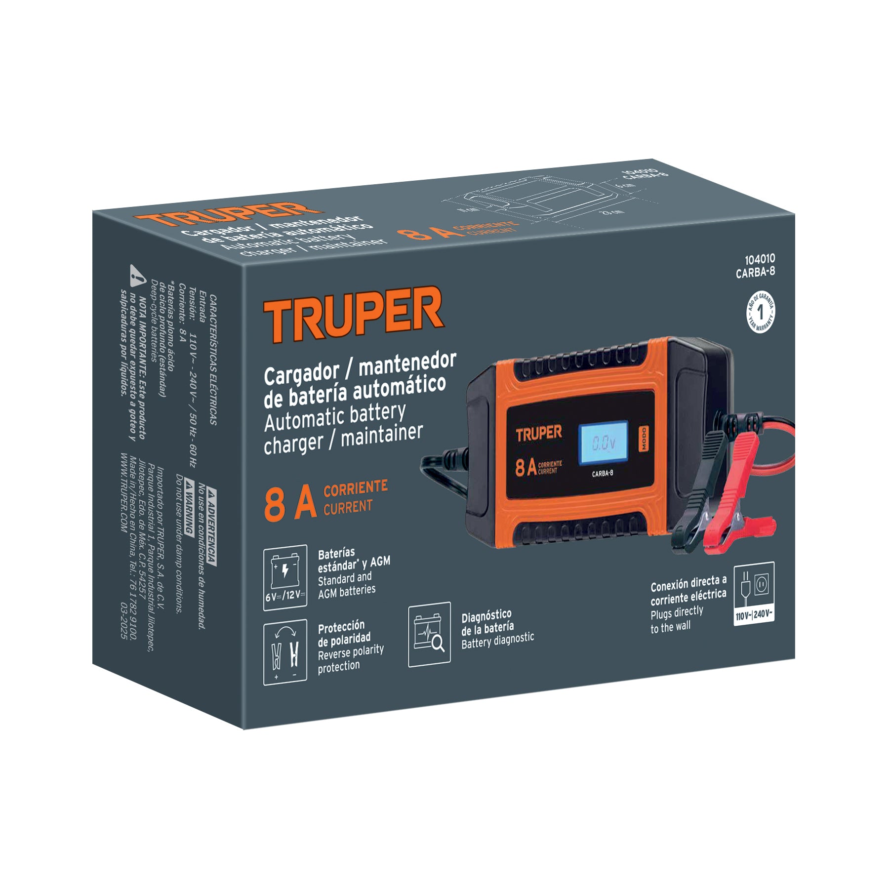 Cargador / mantenedor de 8A para baterías de 12V/24V, TRUPER