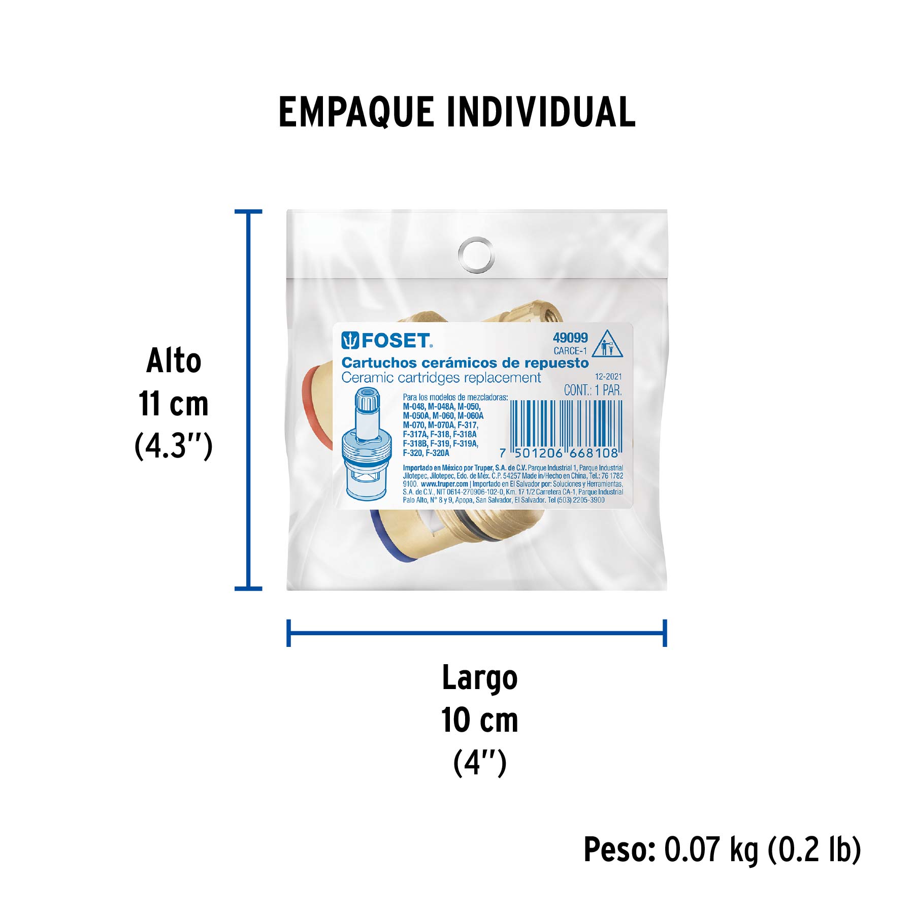 Bolsa con 2 cartuchos cerámicos para mezcladoras, FOSET - Empaque