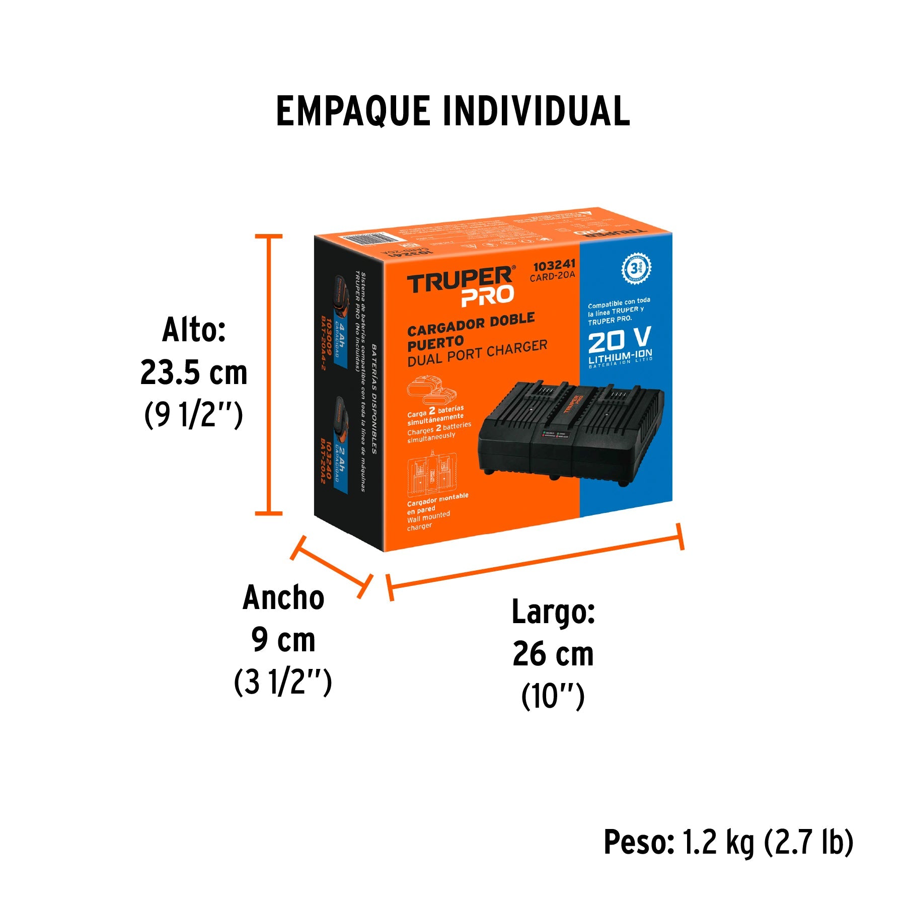Cargador dual de baterías de ion litio 20V, TRUPER PRO - Empaque