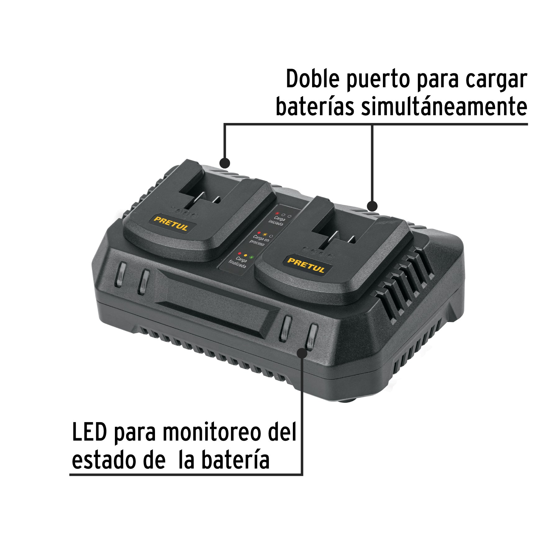 Cargador dual de baterías de ion litio 20V, PRETUL