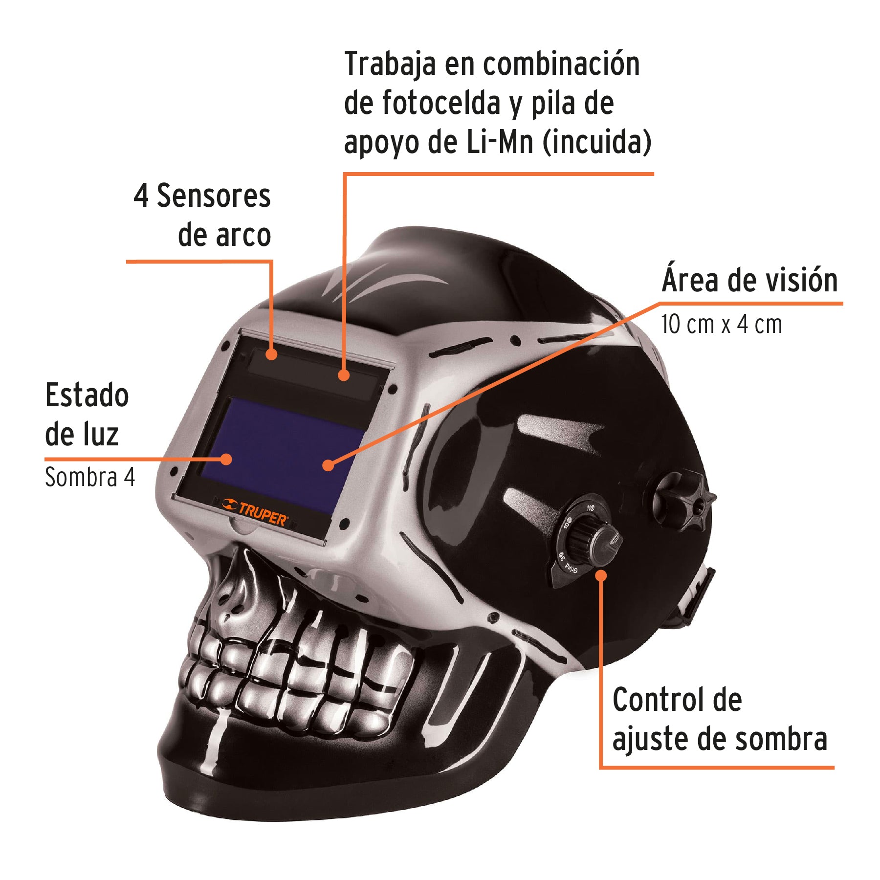 Careta electrónica para soldar sombra 9-13, calavera, TRUPER