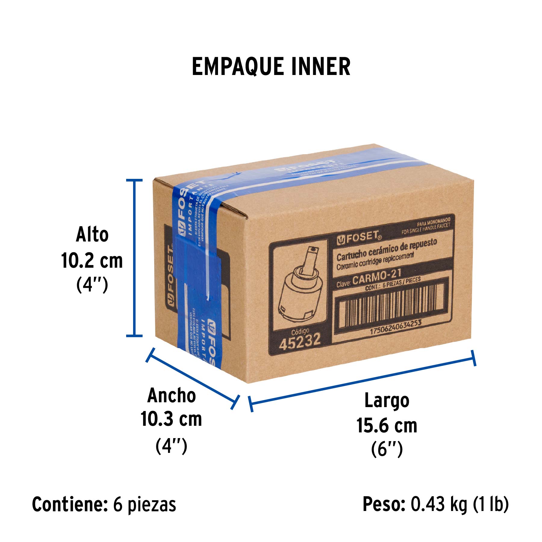 Cartucho cerámico monomando para regadera, FOSET - Empaque