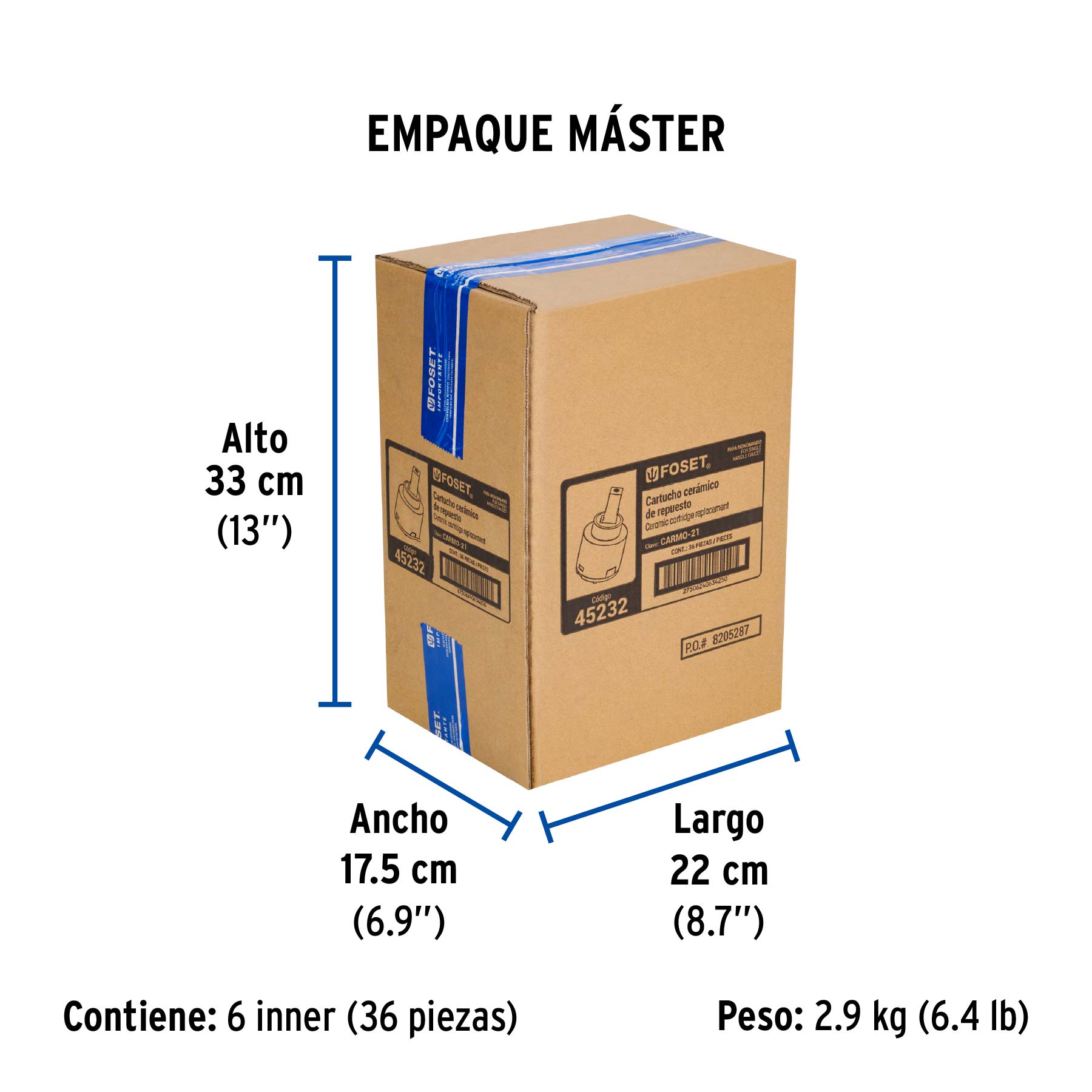 Cartucho cerámico monomando para regadera, FOSET - Empaque