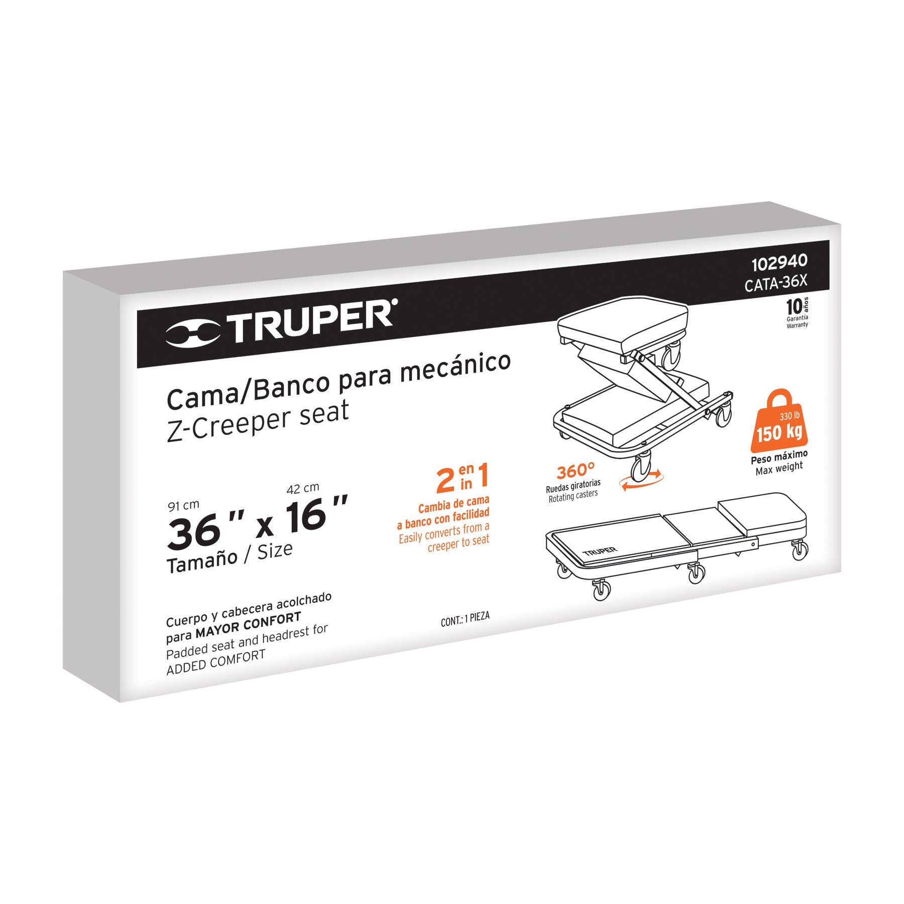 Cama / banco de 36" para mecánico, TRUPER