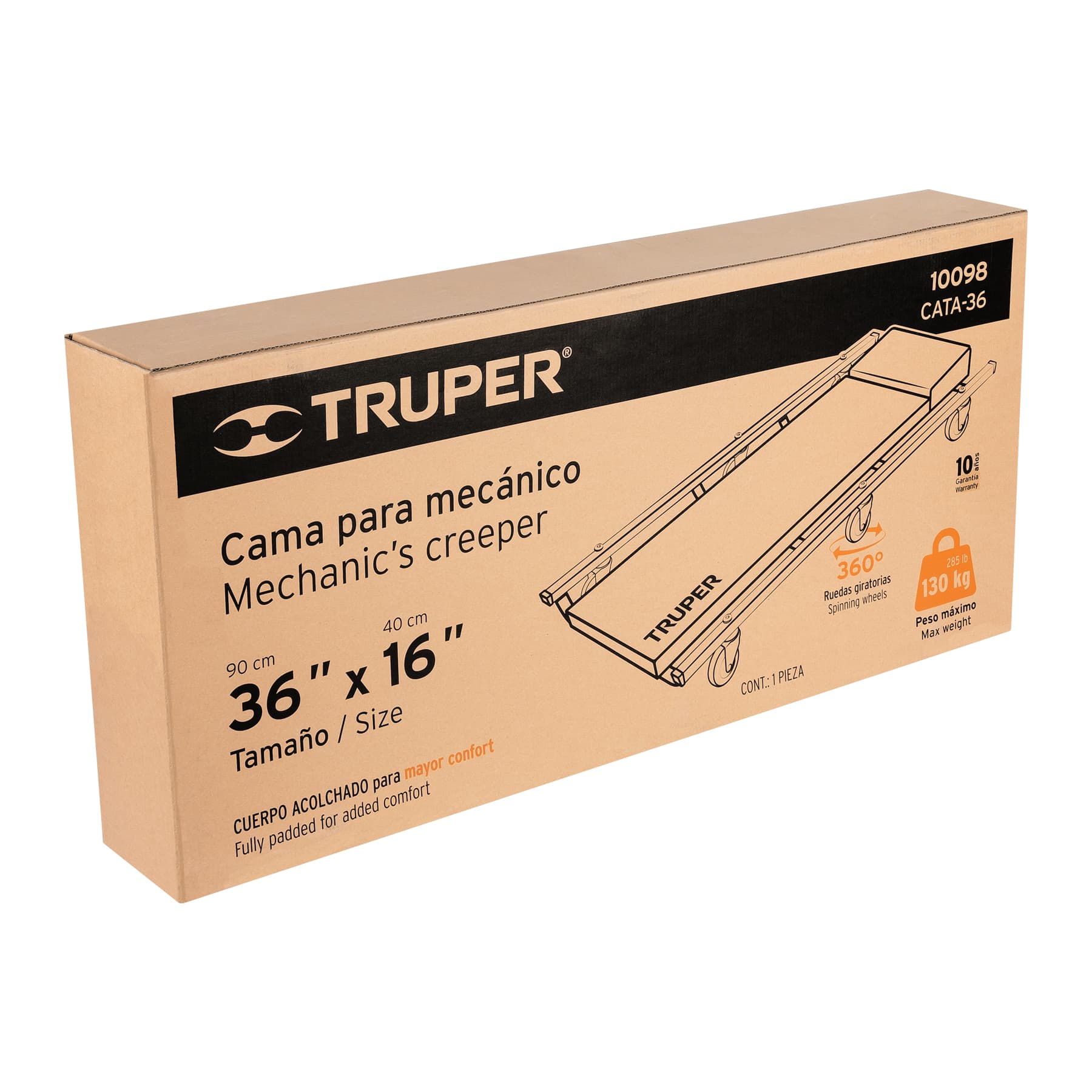 Cama de acero 36" para mecánico, TRUPER