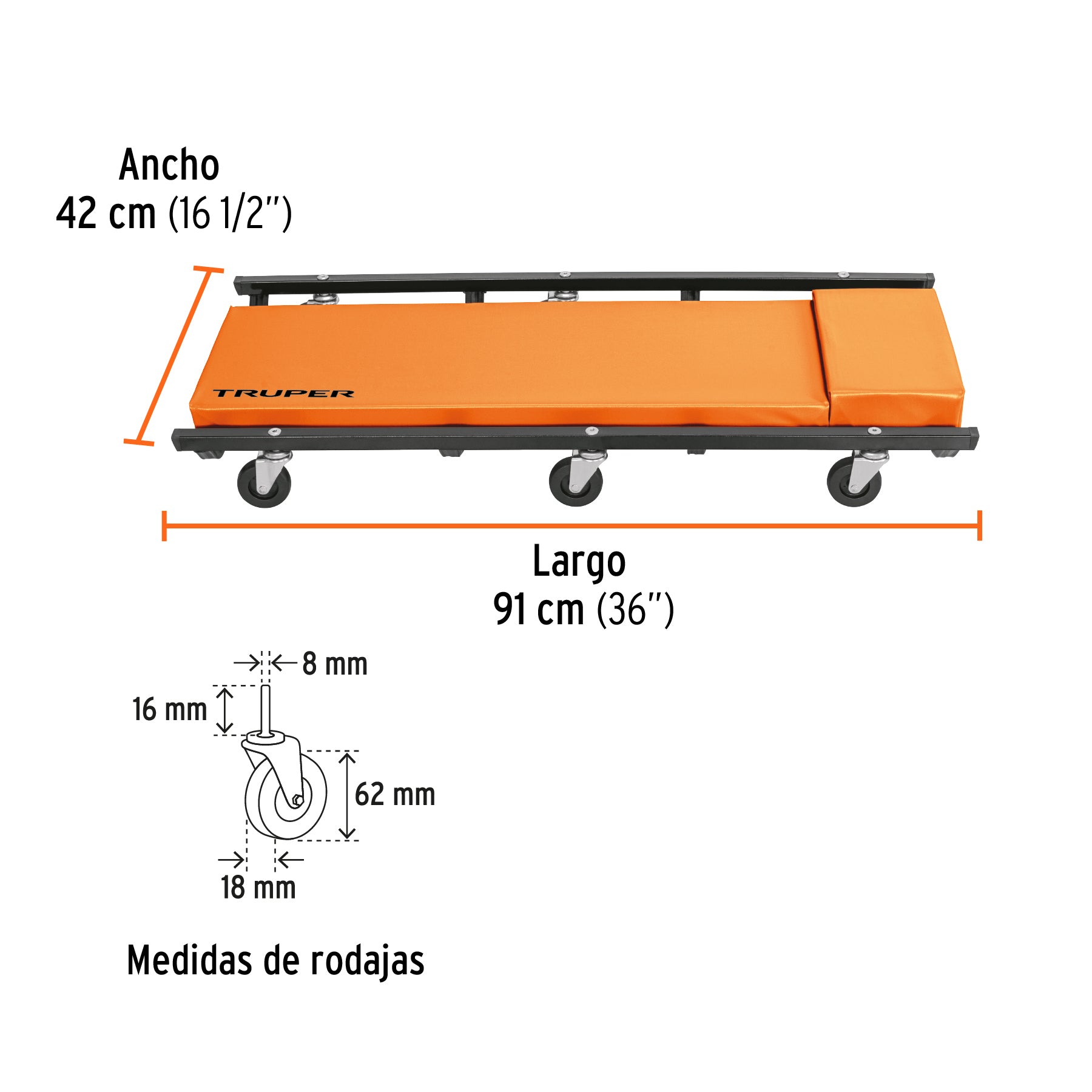 Cama de acero 36" para mecánico, TRUPER