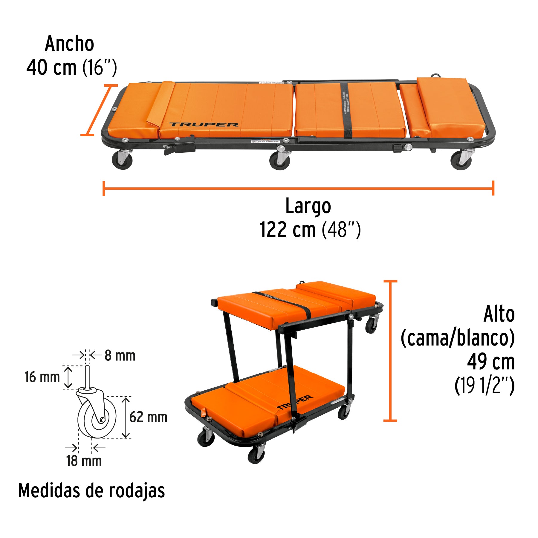 Cama / banco de 48" para mecánico, TRUPER