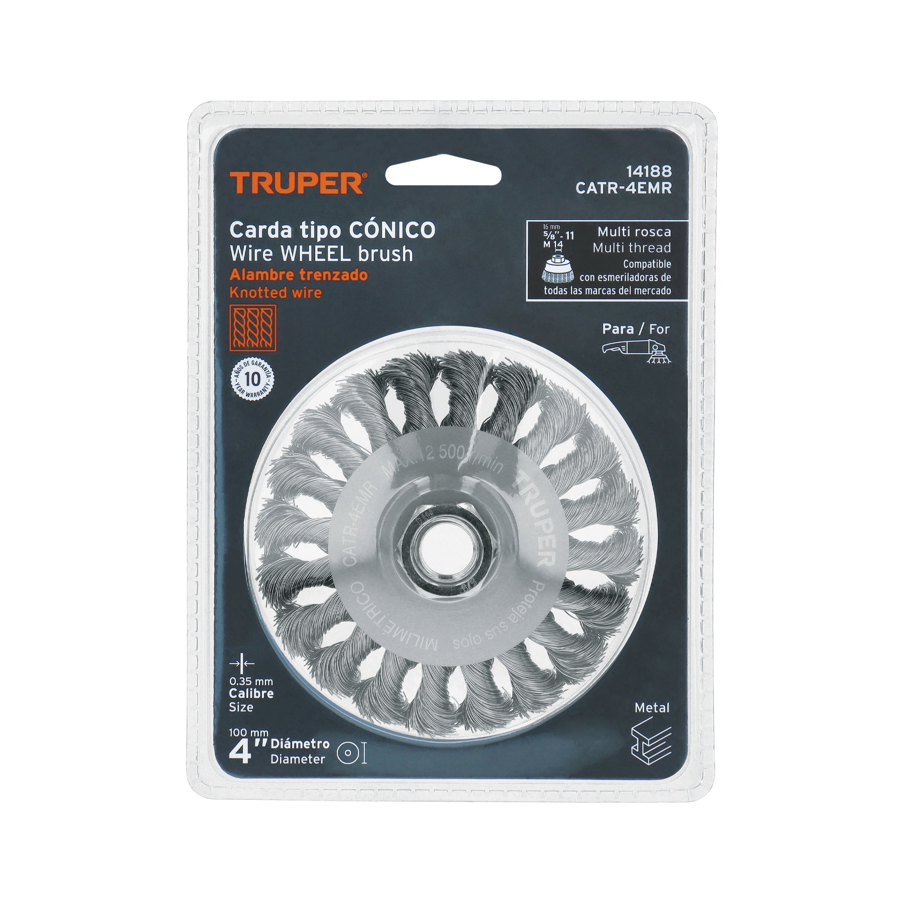 Carda tipo cónico 4" alambre trenzado, multi-rosca, TRUPER